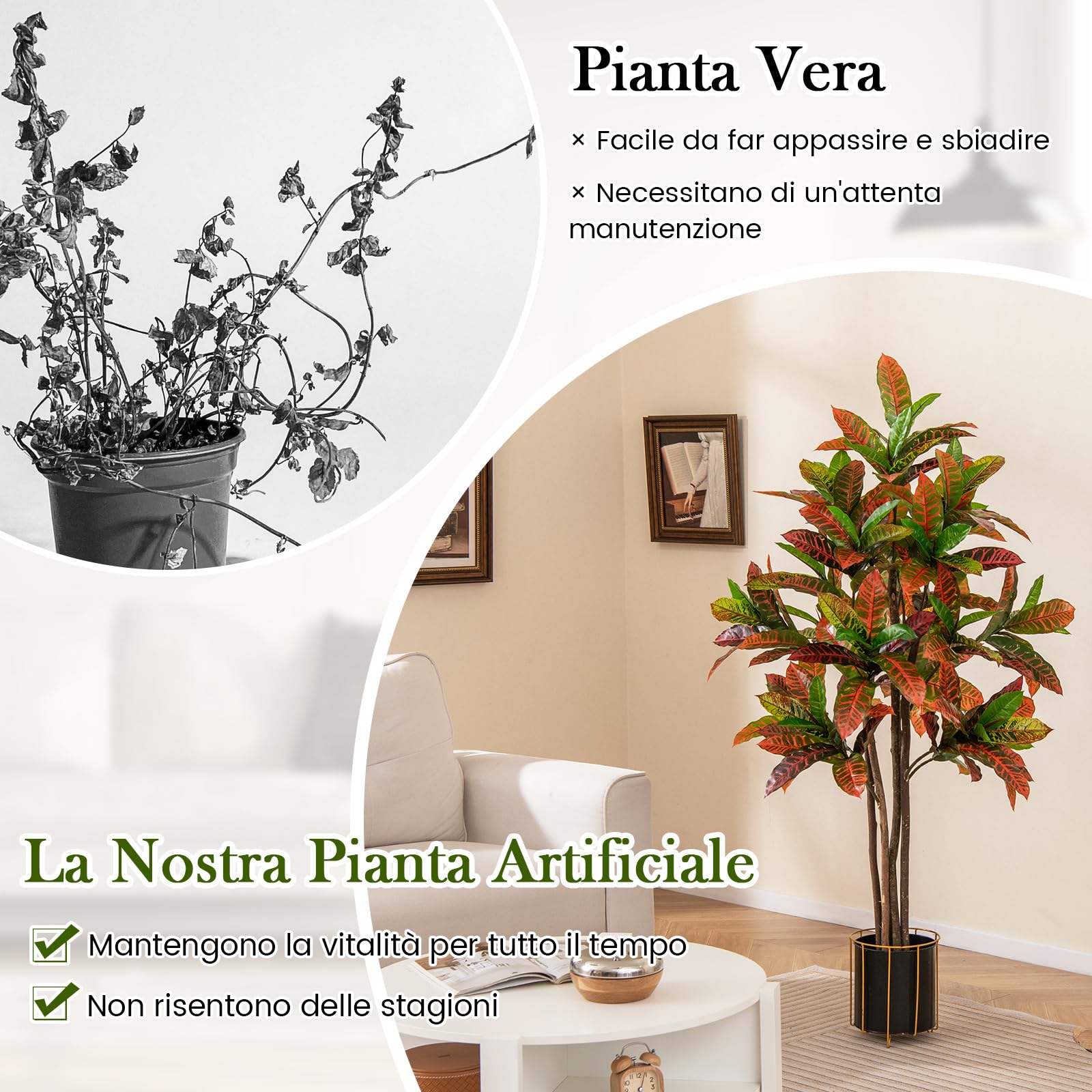 COSTWAY Pianta Finta di Croton 150 cm, Albero Artificiale da Interno ed Esterno, Pianta Tropicale in Vaso con Foglie Sfumate Finte, Ideale per Casa e Ufficio