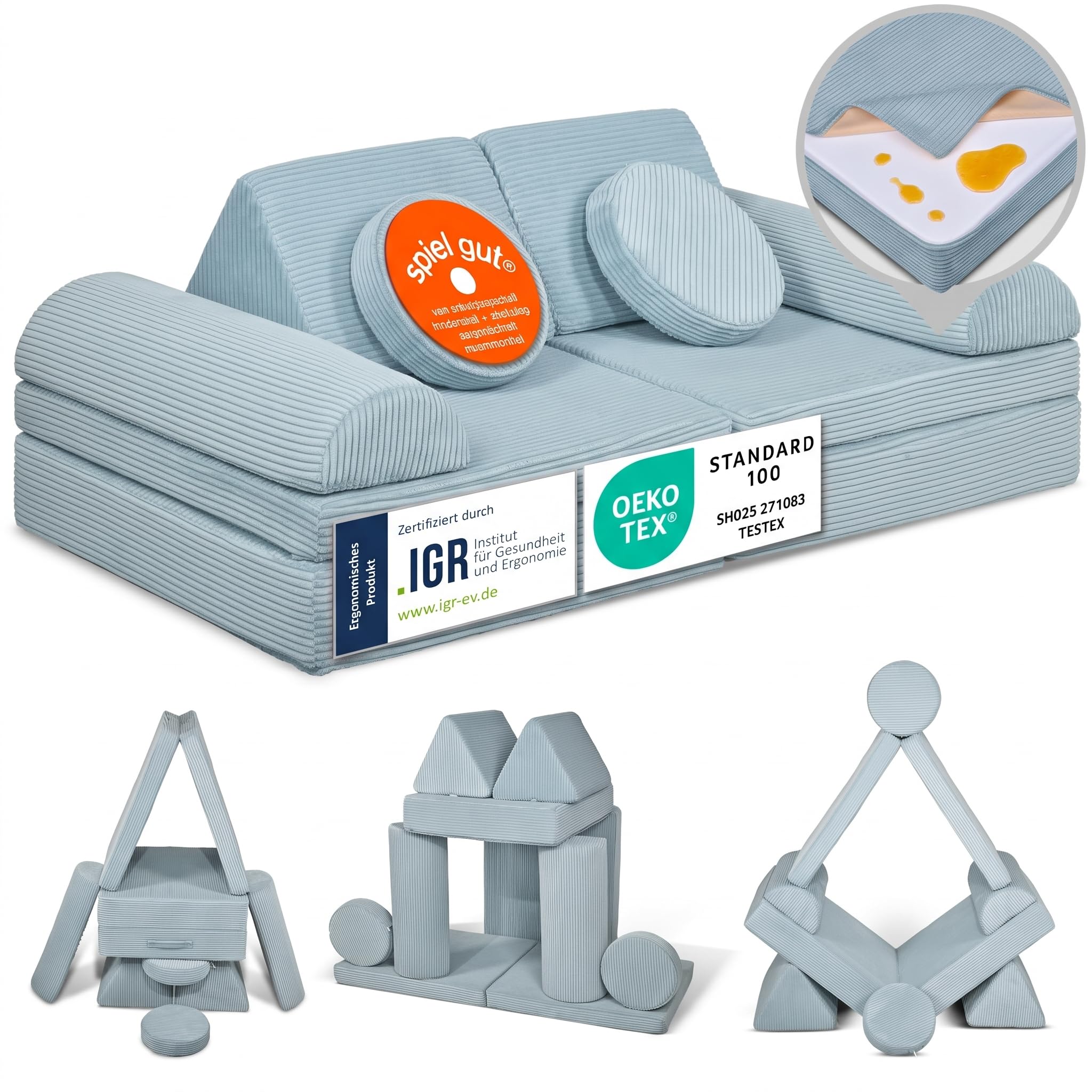 Linodino® Spielsofa Cord, Kindersofa-Bausteine, Kindercouch, Stapelsteine Einhornblau