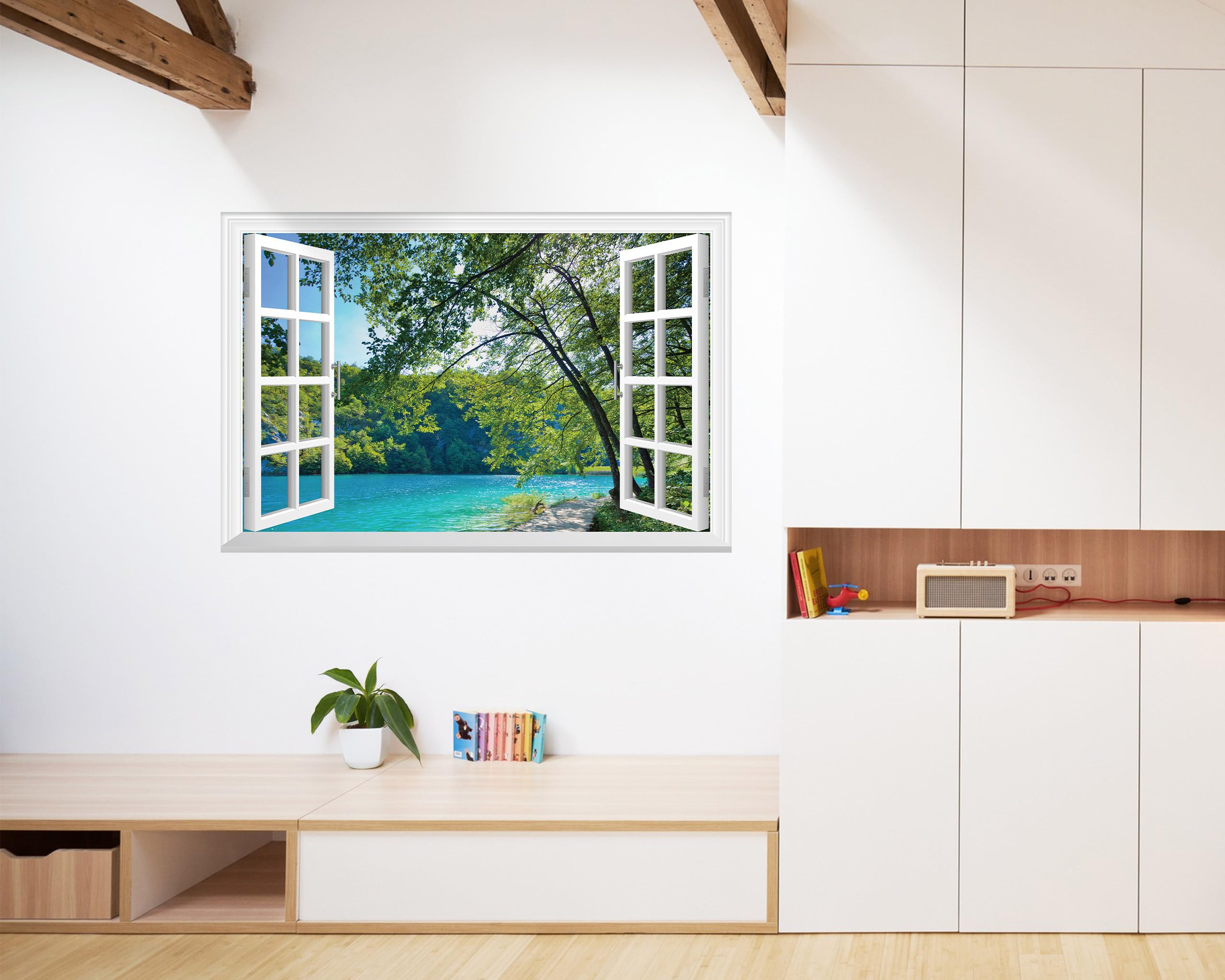 FLFK Adesivo da Parete Finestra Falso - Laghi nella Giungla Adesivo da Parete Finestra Falso per Decorazione da Parete, Adesivi da Parete Strappa e Incolla, 122cmx81cm, Set di 2 Fogli