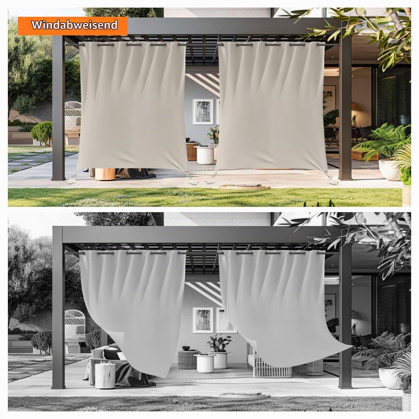 Outdoorvorhänge mit Ösen und Gewichteten H 243 x B 132 cm, 2 Stück Outdoor Gardinen Wasserdicht Pavillon und Terrasse, Außenvorhänge für Außenterrasse Veranda Pool Sonnenlicht, Beige