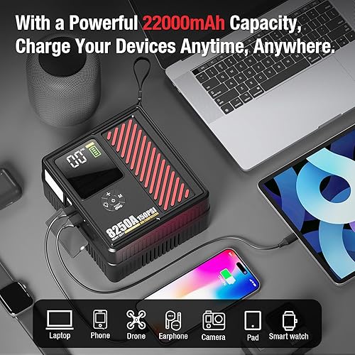 Miniatura 6 de Arrancador de coche portátil de 8250 amperios con compresor de aire, inflador de neumáticos seguro de 150 PSI, inflado rápido de 40 Lmin, con