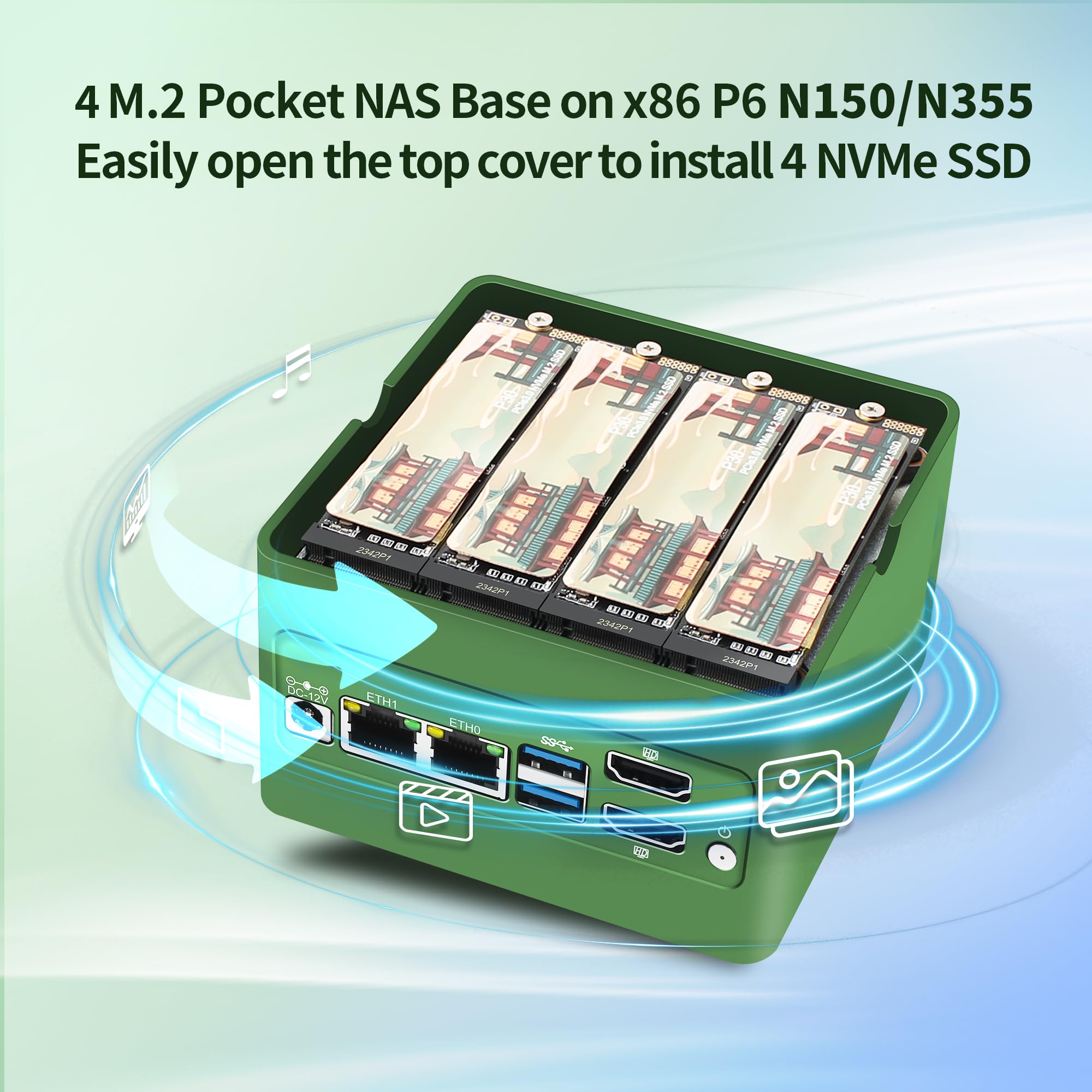 N150 X86-P6 Mini PC (N100 Upgrade), 4X M.2 NVMe NAS Mini Desktop Computer with 2X i226-V 2.5GbE LAN, DDR5 Micro PC Barebone NO RAM/SSD/OS, 2-Display, WiFi7/BT5.4 Expandable