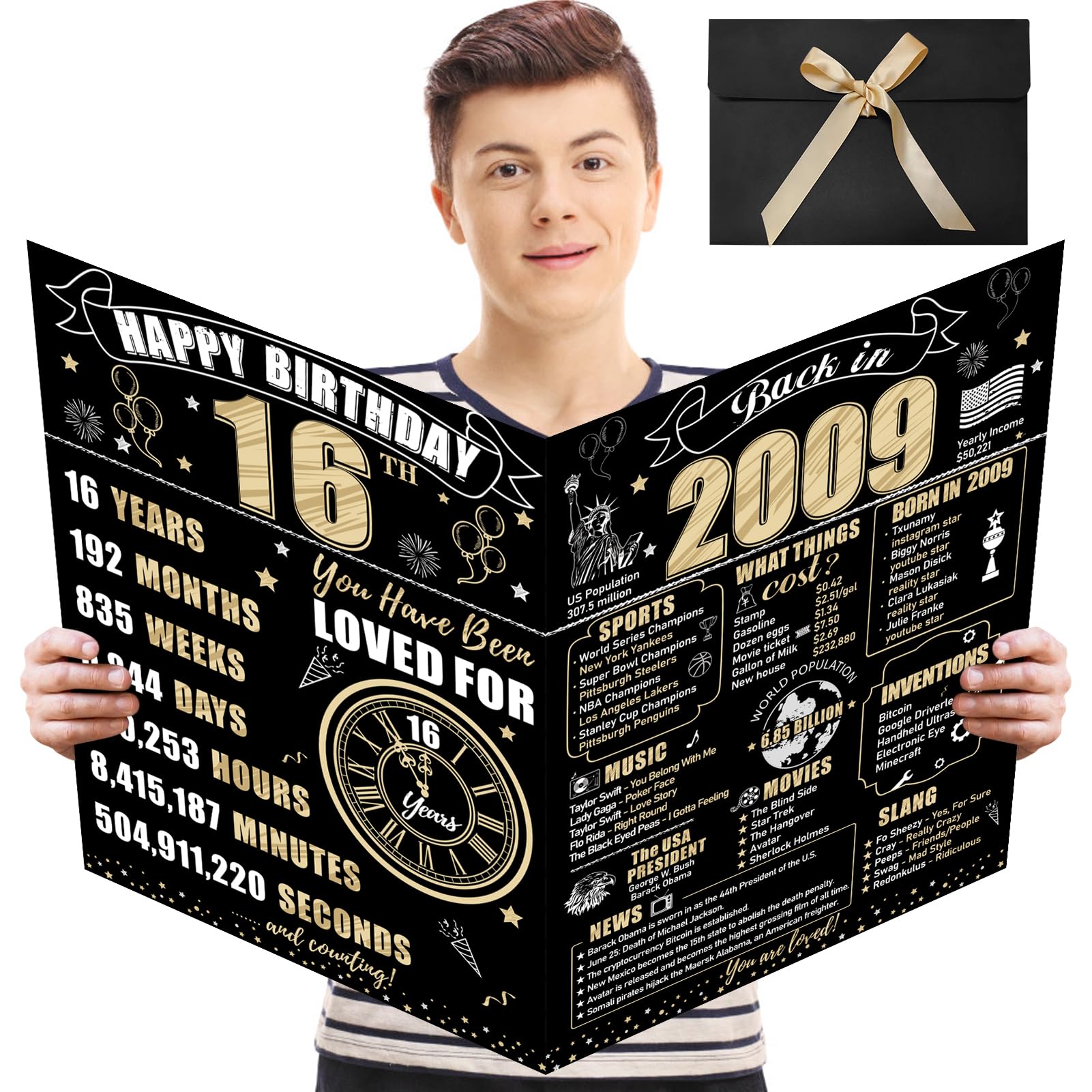 Turypaty Large 16th Birthday Gift Card With Envelope for Boys Girls, 2008 Black Gold Happy 16th Birthday Giant Guest Signature Book Gifts, Big Vintage 2008 16th Greeting Card Decoration Party Supply
