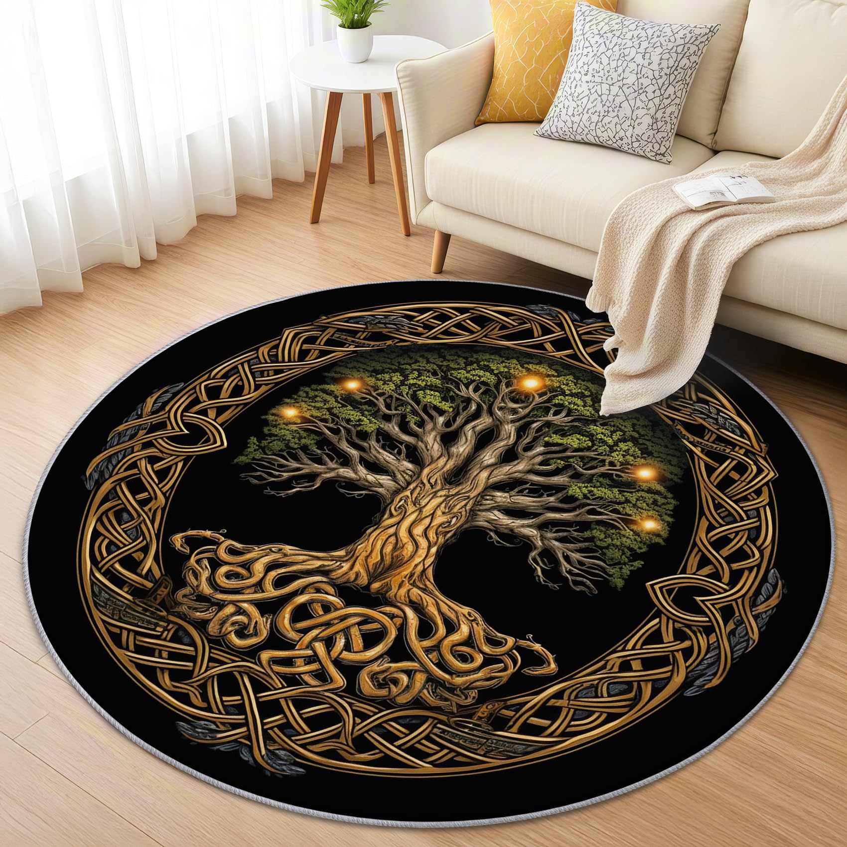 Wikinger Teppich Rund 120cm Kurzflor - Waschbare Teppiche Wohnzimmer Baum des Lebens - Runder Teppich 120 Durchmesser Kinderzimmer - Bettvorleger Schlafzimmer rutschfest Weich