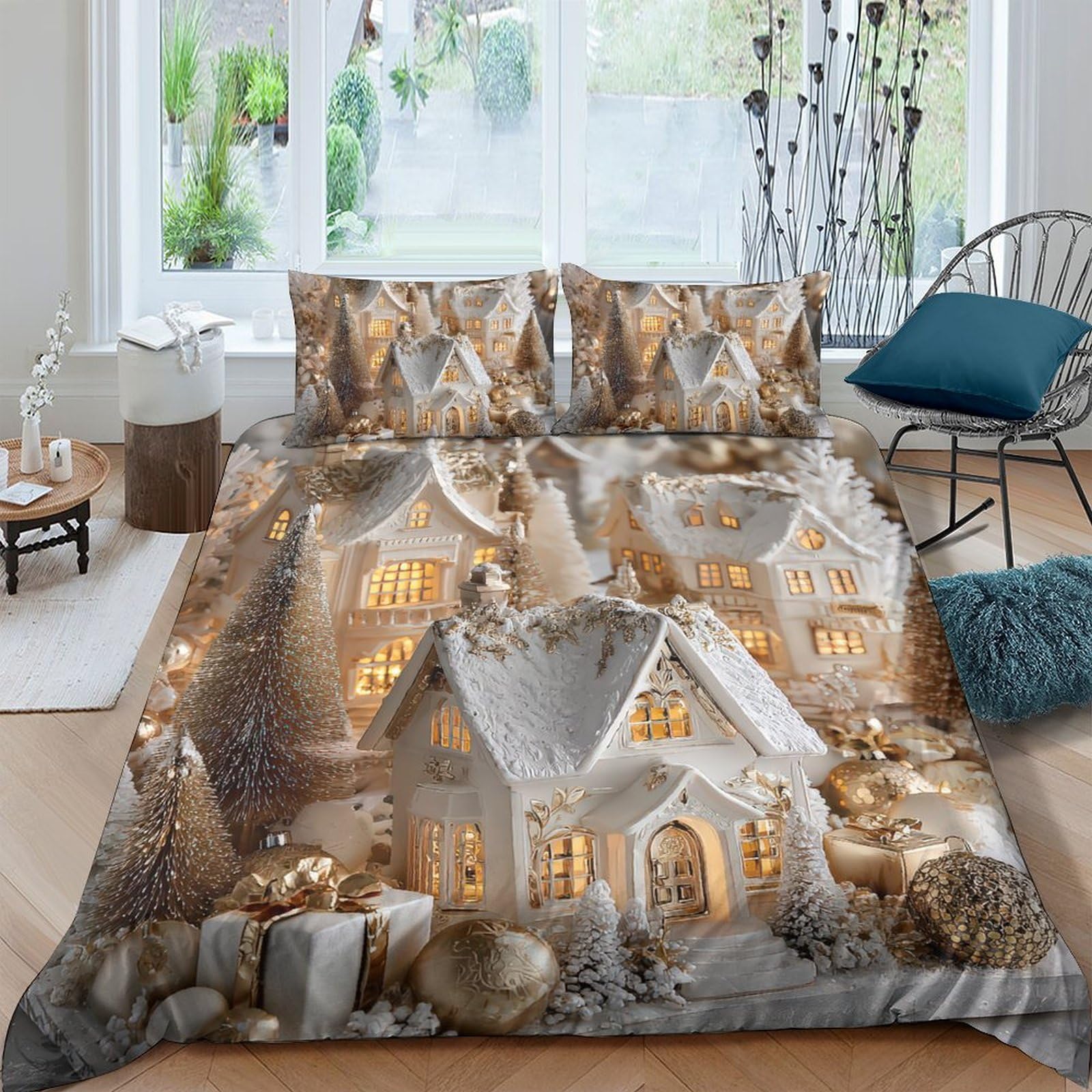 Ctjqhvkz Style-8 3D Printed Snowy Cottage Fitted Sheet Microfiber Warm Winter House Mattress Cover For Bedroom Guest Room Decor Single（135X200cm）