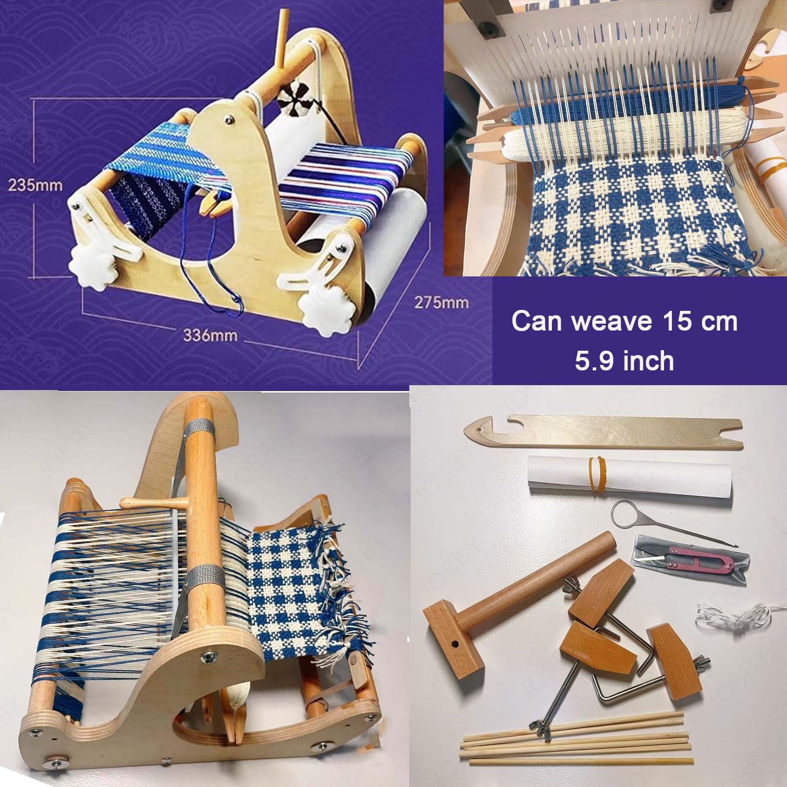Kit de métier à tisser – Métier à tisser à la main en bois pour projets d'artisanat 150 mm de largeur pour écharpes, nappes, tapis de thé et sacs en tissu