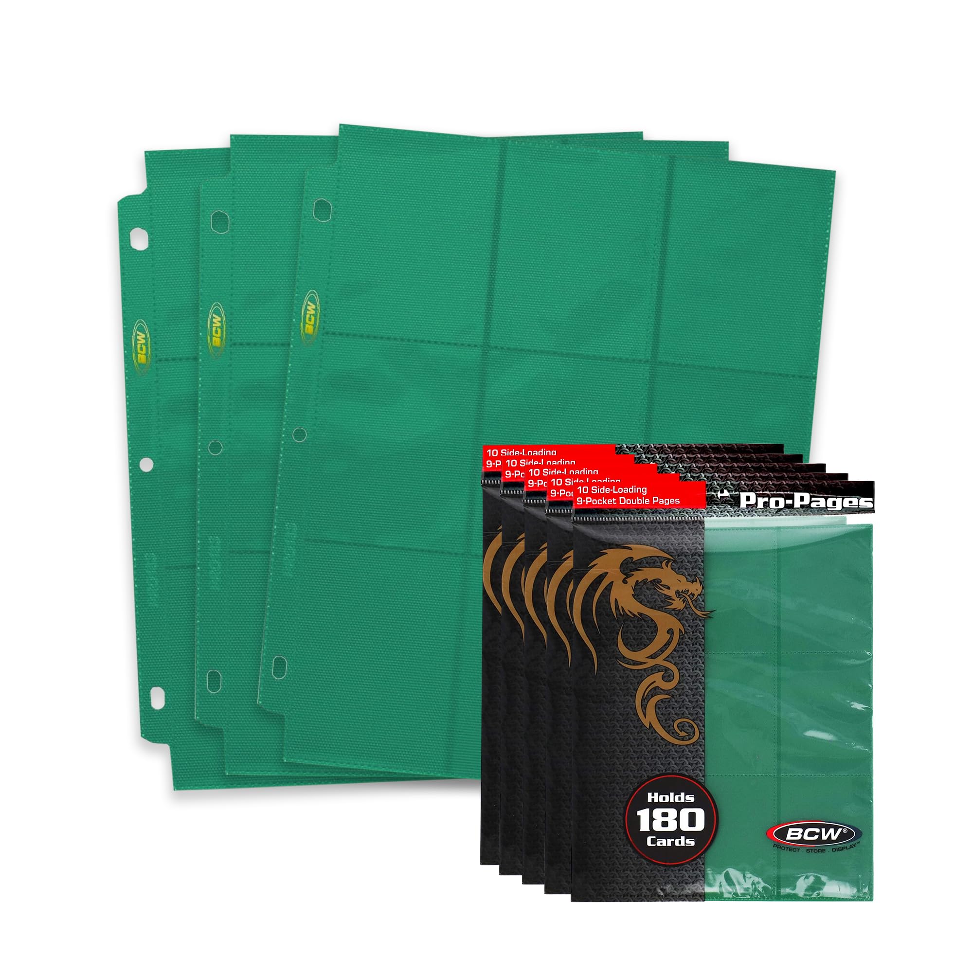 BCW Double-Sided 9-Pocket Pages Holder - 50 Green Pages | Trading Card Binder Sheets | Secure Side Loading | Ideal Card Storage and Display Solution
