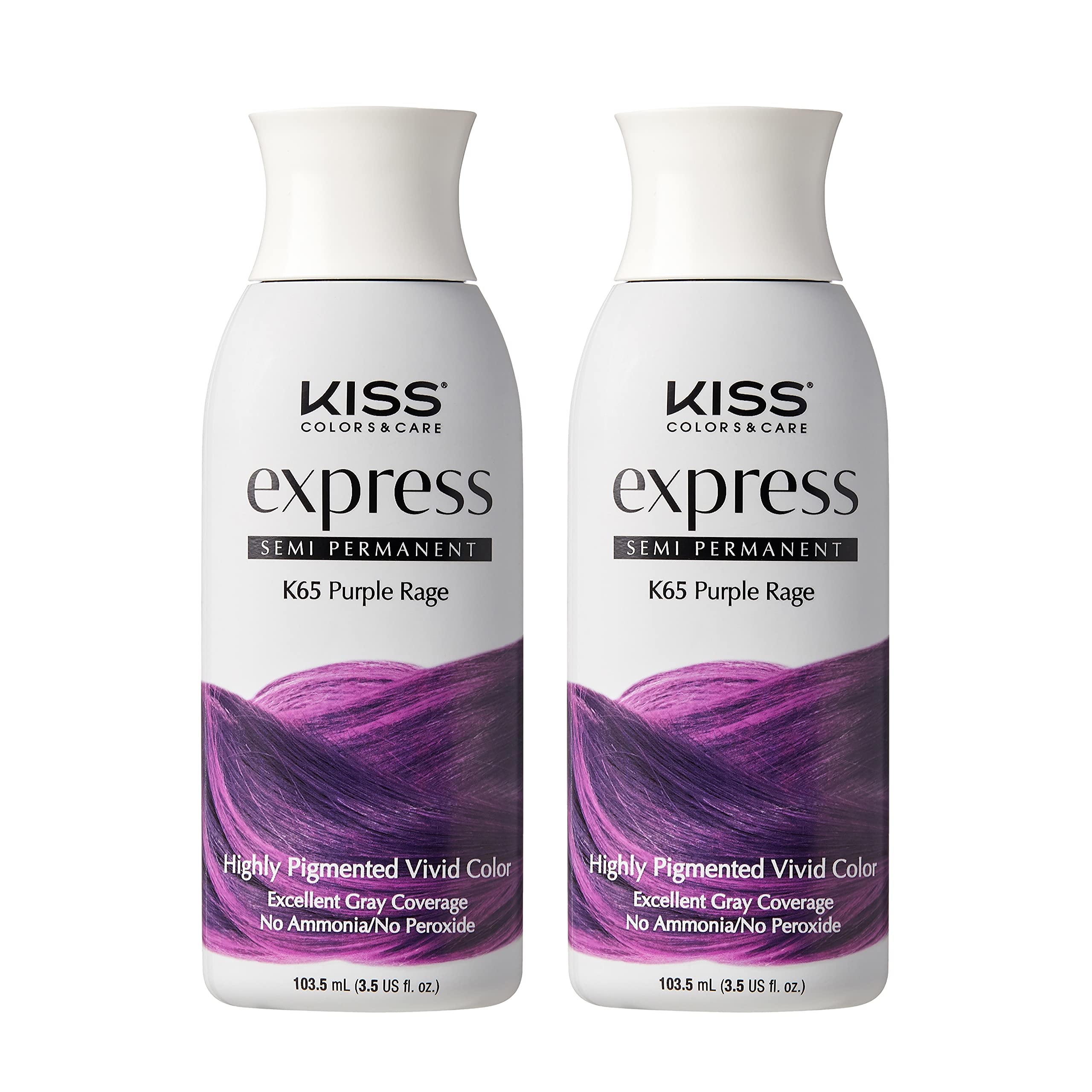 Kiss Express Semi-Permanent Hair Color – Vivid, Highly Pigmented Dye for Vibrant Hair, Gentle Formula, Gray Coverage, pH Balanced, 23 Intermixable Shades, All Hair Types (3.5 oz, Purple Rage, 2 Count)