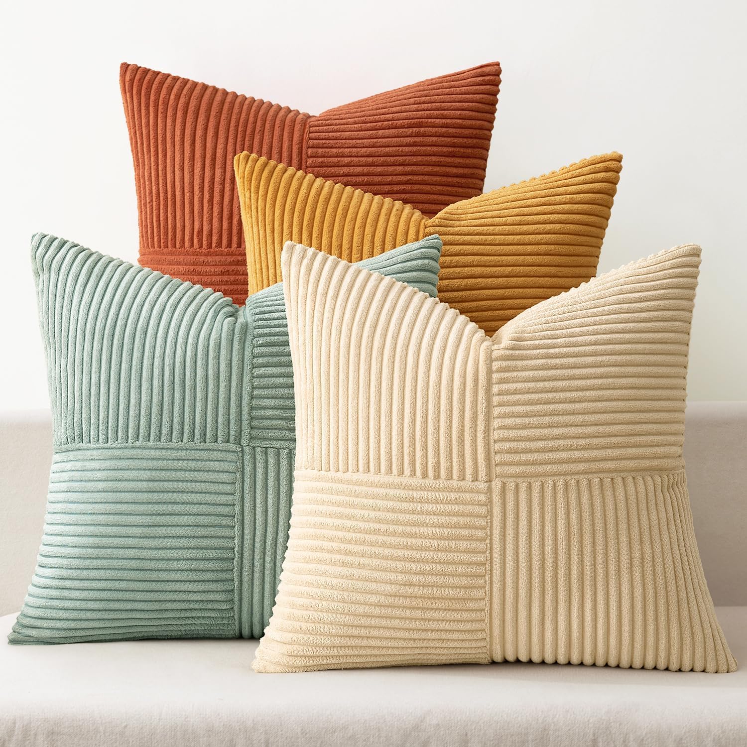 Cogavoo Set of 4 Corduroy Soft Striped Cushion Covers 45x45 cm ,Boho Decorative Square Throw Pillow Covers 18x18 Inch with Invisible Zipper for Sofa Couch Bedroom Decorative Fluffy Large Pillowcases