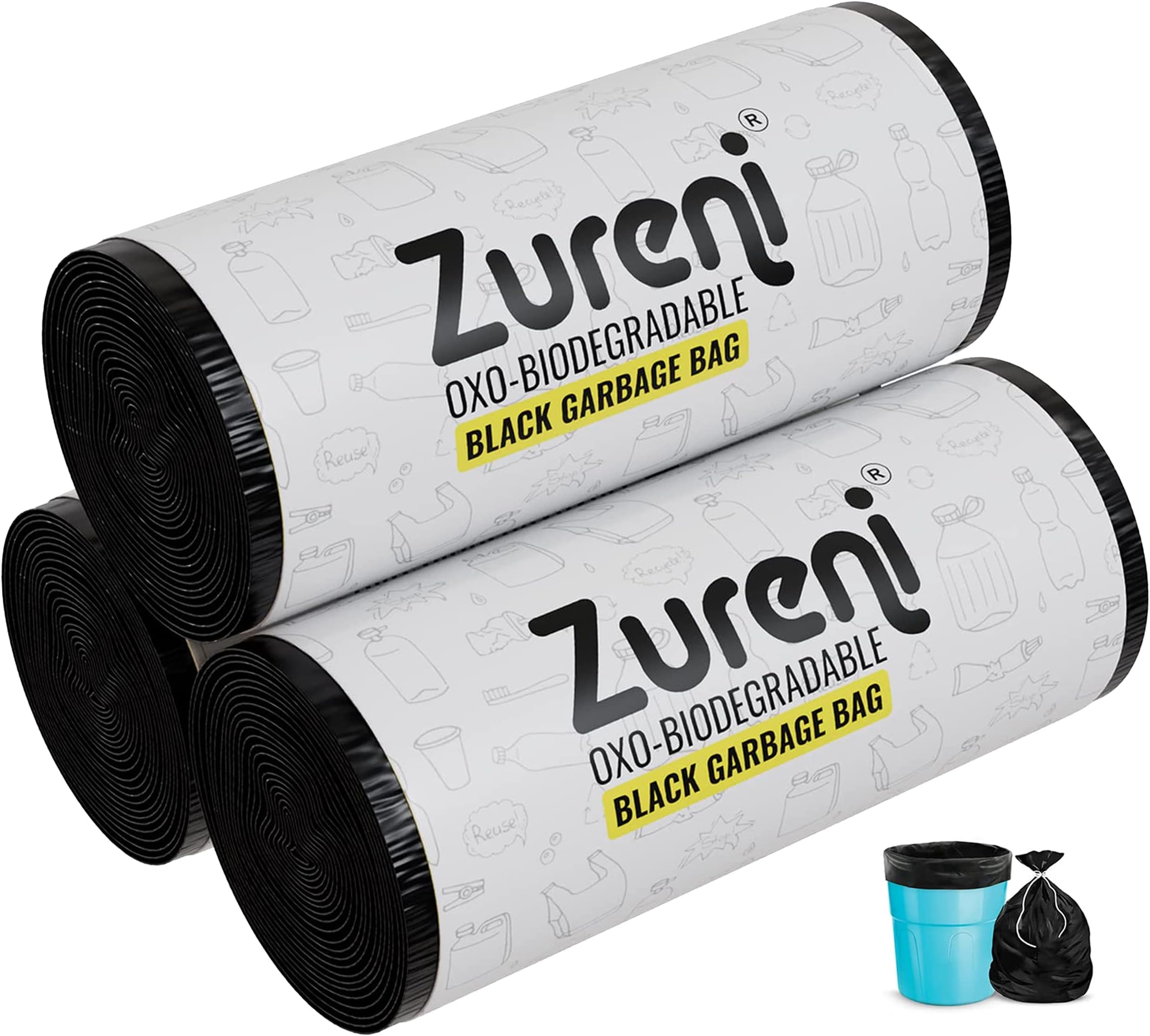 Zureni Garbage Dustbin Bags (Medium, 48 x 53 cm or 19" x 21") Drawstring Anti-drip Trash Waste Basket Bag for Kitchen Office Warehouse Pantry (Black, 3 x 30 Pcs/Roll)