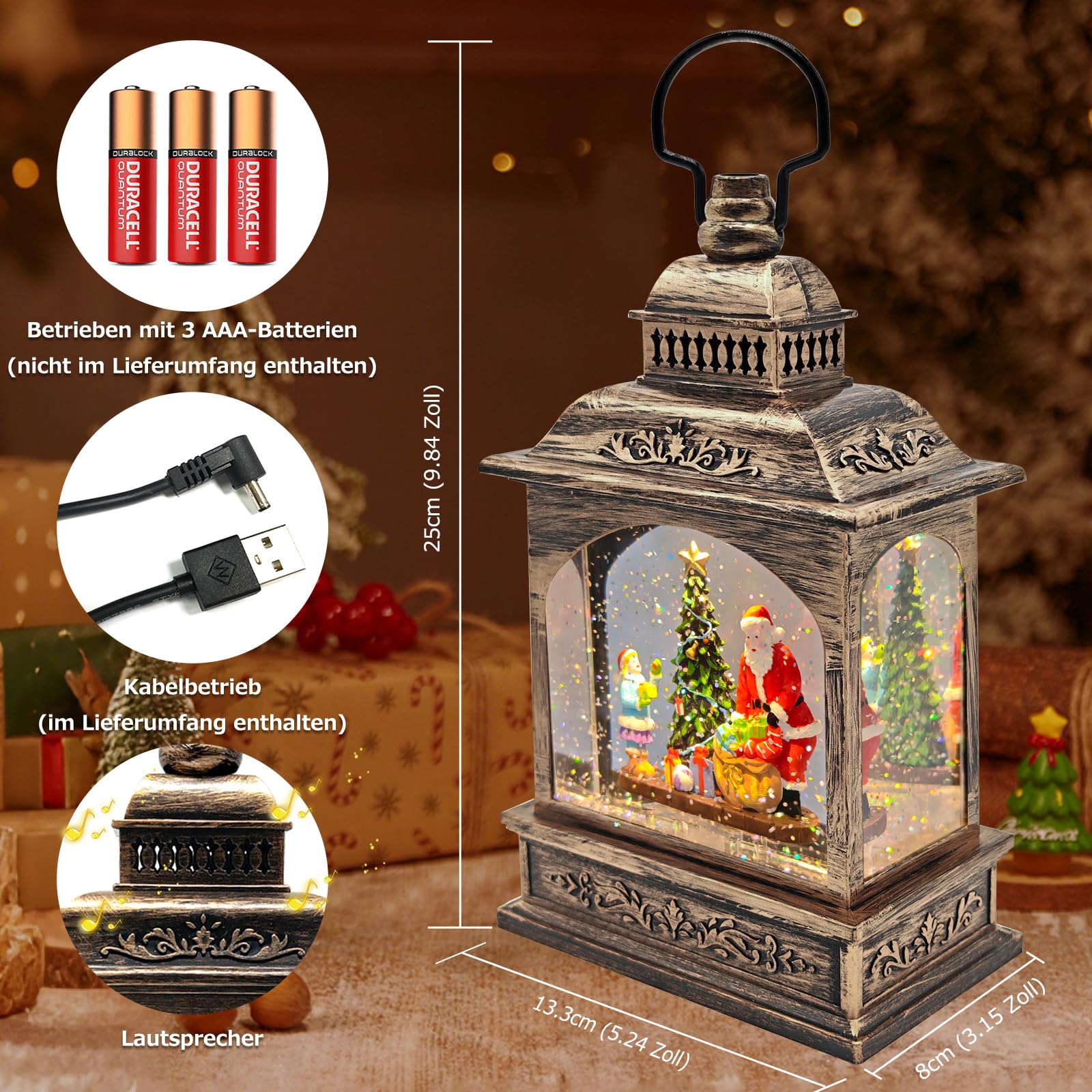 Marsyu Weihnachts Schneekugel Laterne mit Zeitschaltuhr, Beleuchtete USB/batteriebetriebene Wirbelnde Singende Wasserlaterne, Schneekugel Laterne für Erwachsene Kinder, Weihnachtsdekoration/Geschenk