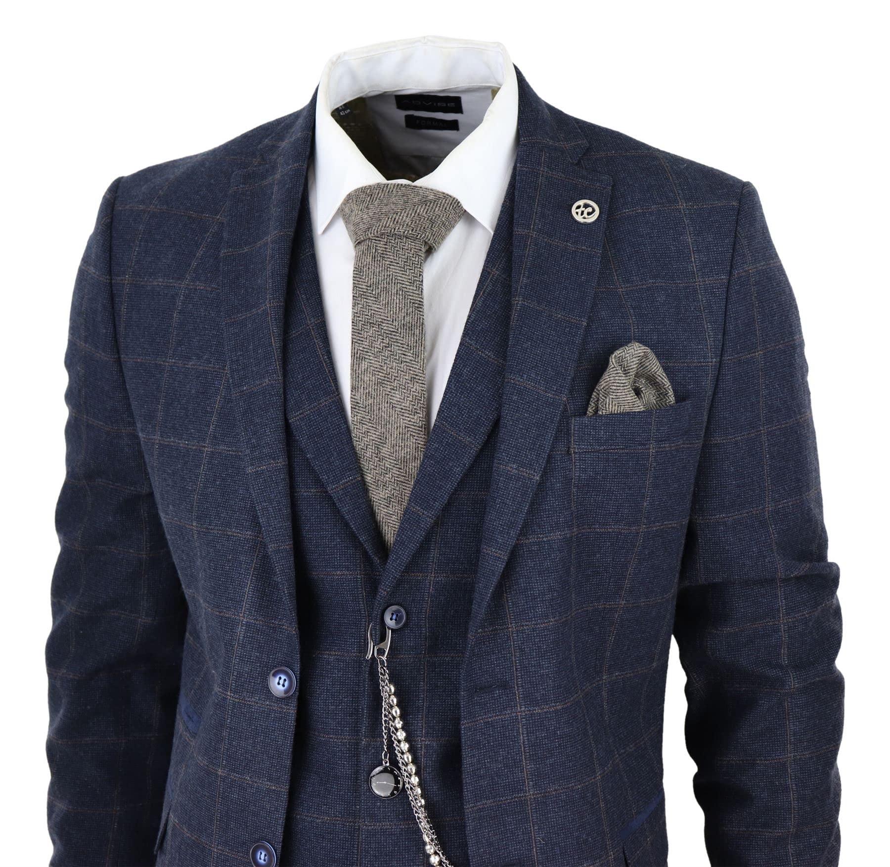 TruClothing.com Herren 3 Teilig Anzug Wolle Tweed Marineblau Braun Karo Formelle 1920s Gatsby