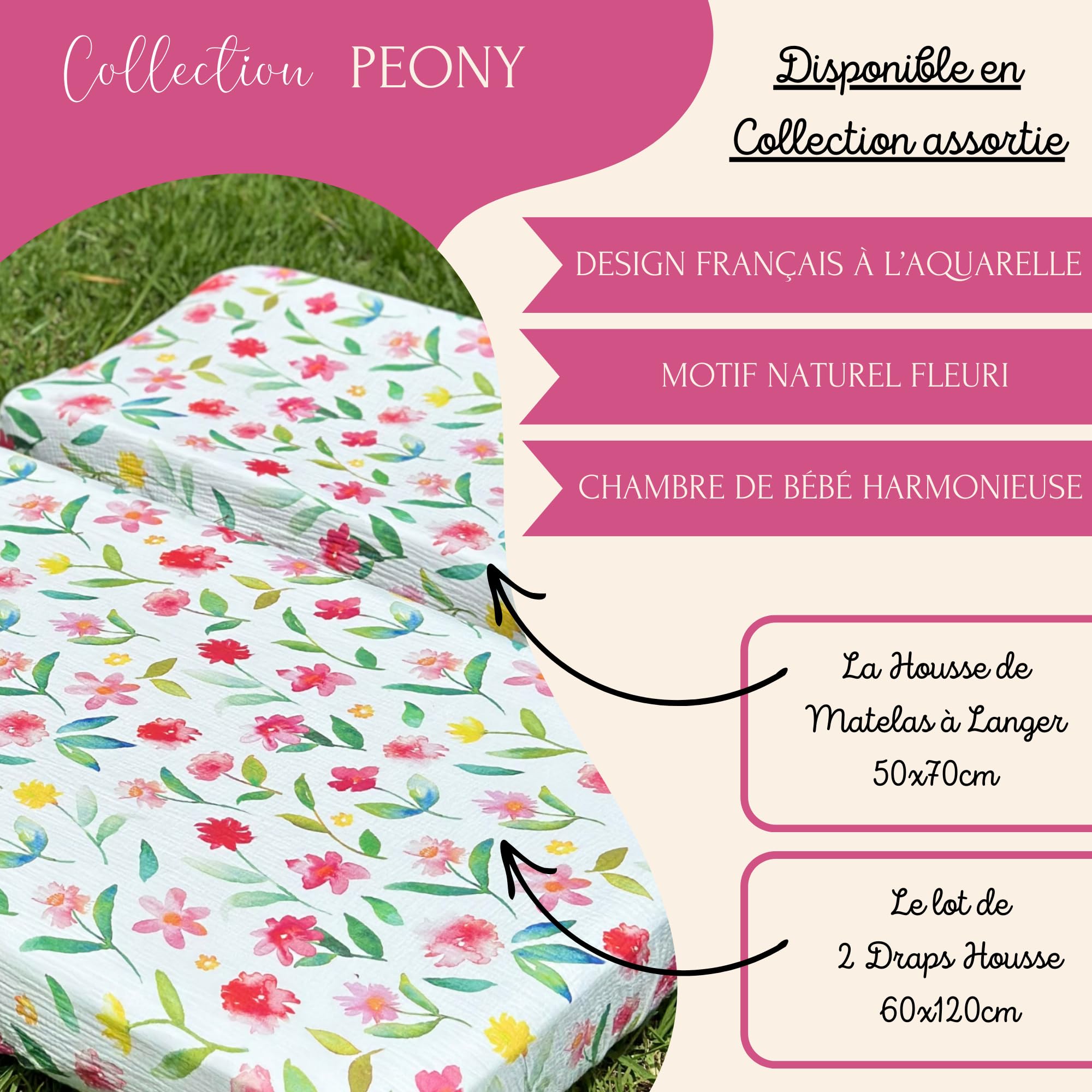 Lot 2 Draps Housse Bébé 60x120 cm – 100% Gaze de Coton Bio GOTS, Idéal Peaux Sensibles, Ultra Doux, Respirant – Lit Parapluie Enfant – Coffret Cadeau Naissance – Fleurs de Printemps, Fille