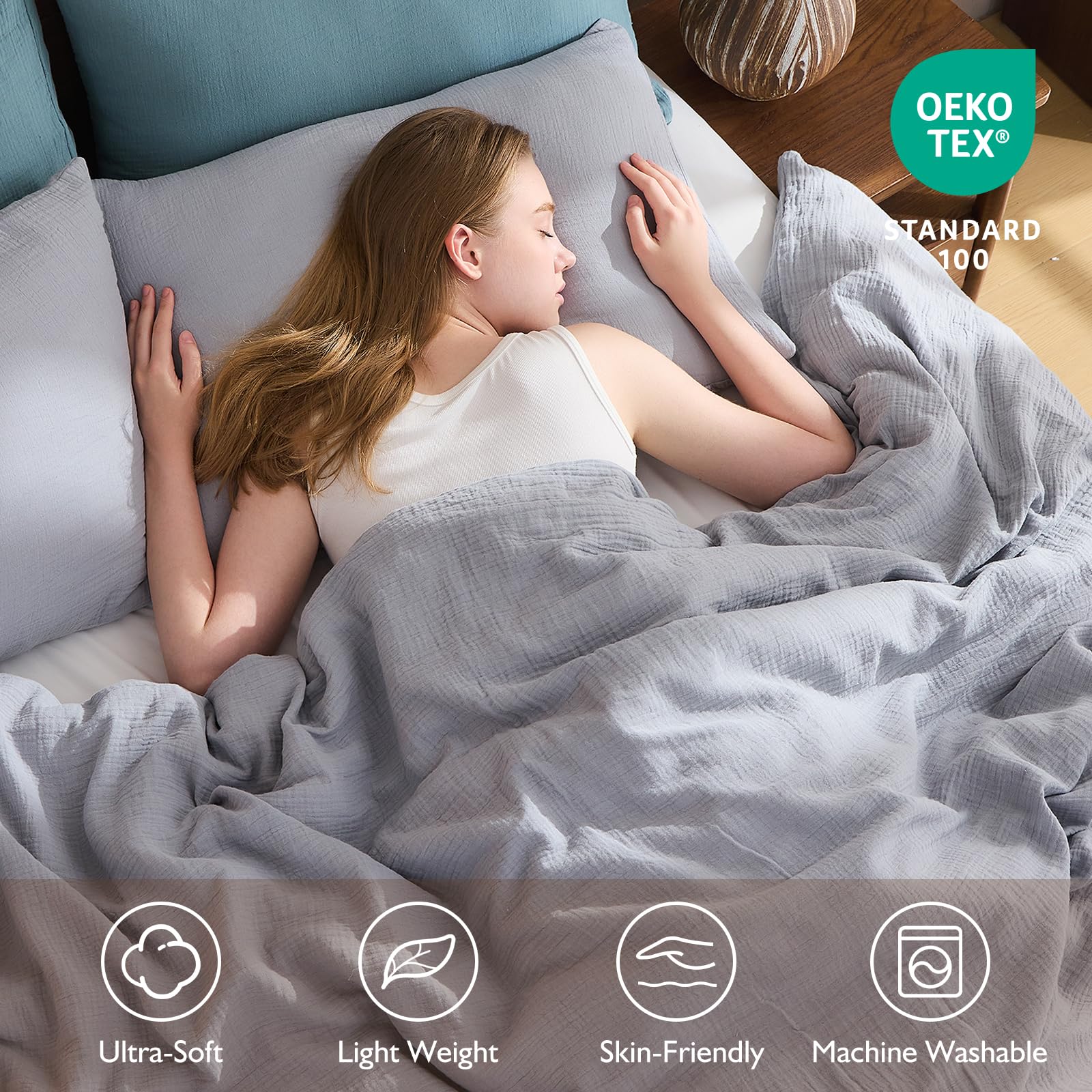 EMME Ropa de cama de muselina, 100 % algodón, 135 x 200 cm, doble ropa de cama de verano con cremallera, juego de 1 funda nórdica con 1 funda de almohada de 80 x 80 cm, colcha de muselina, certificado