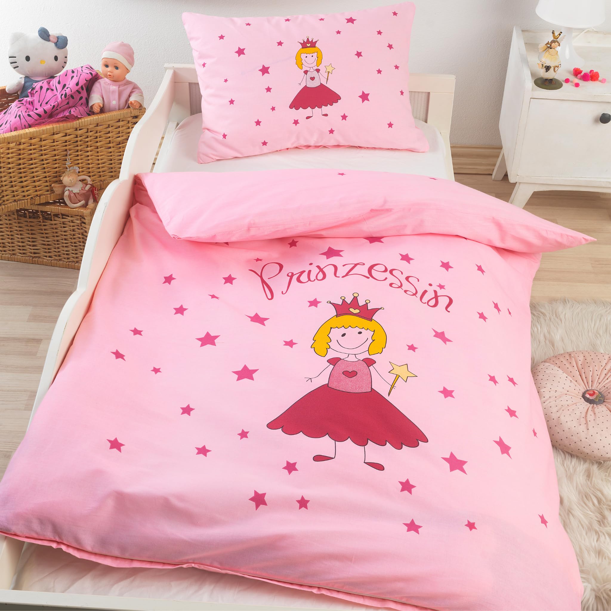 BaSaTex Kinder Baby Bettwäsche Set für Mädchen und Jungen | 100x135 cm + 40x60 cm | 100% Baumwolle Renforcé | Reißverschluss | Prinzessin – Sterne | pink/rosa