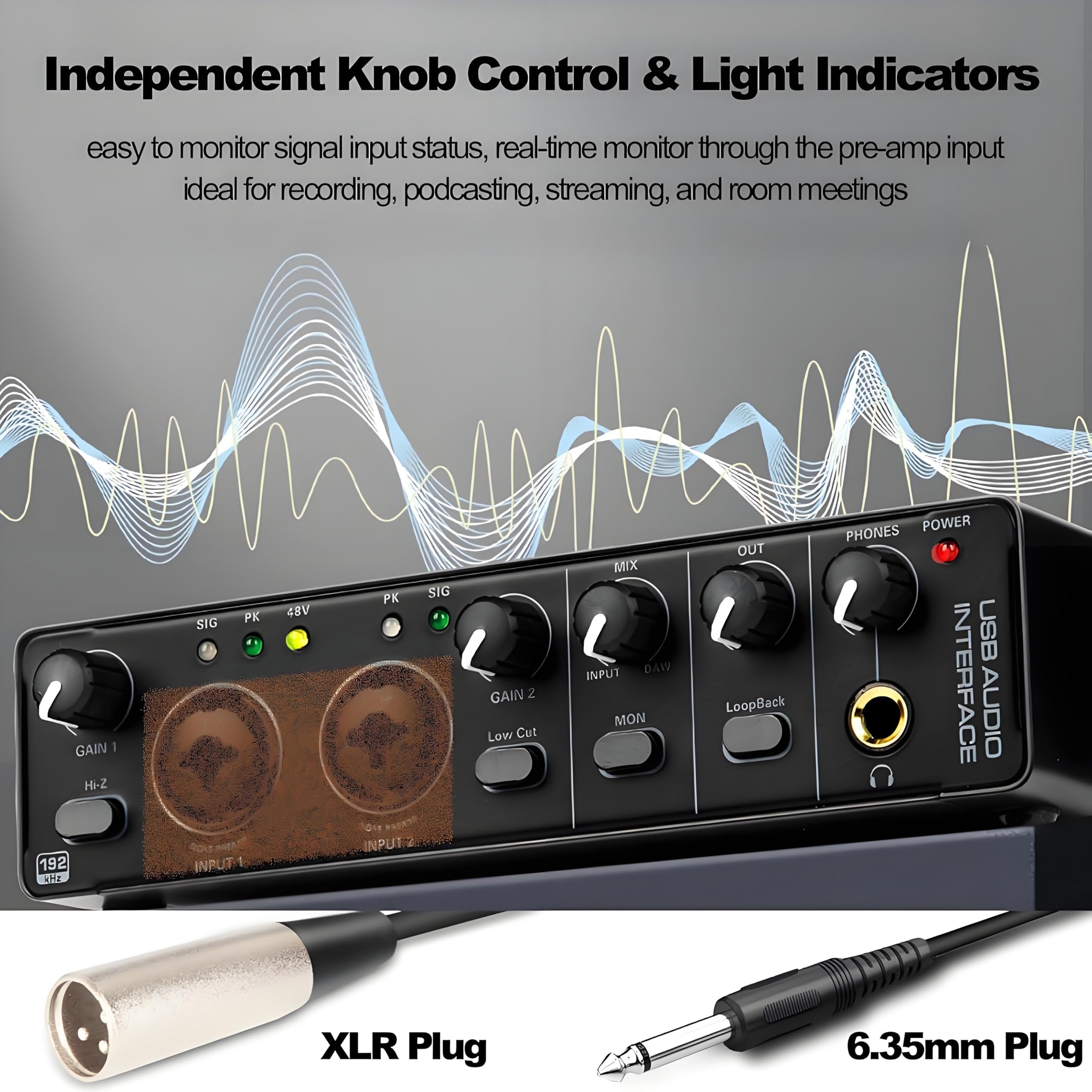 Interfaz de audio de 24 bits y 192 kHz, interfaz de audio USB 2 en 2 salidas para grabación, transmisión, podcasting con mezclador de audio profesional, preamplificador de micrófono, puertos XLR TSR