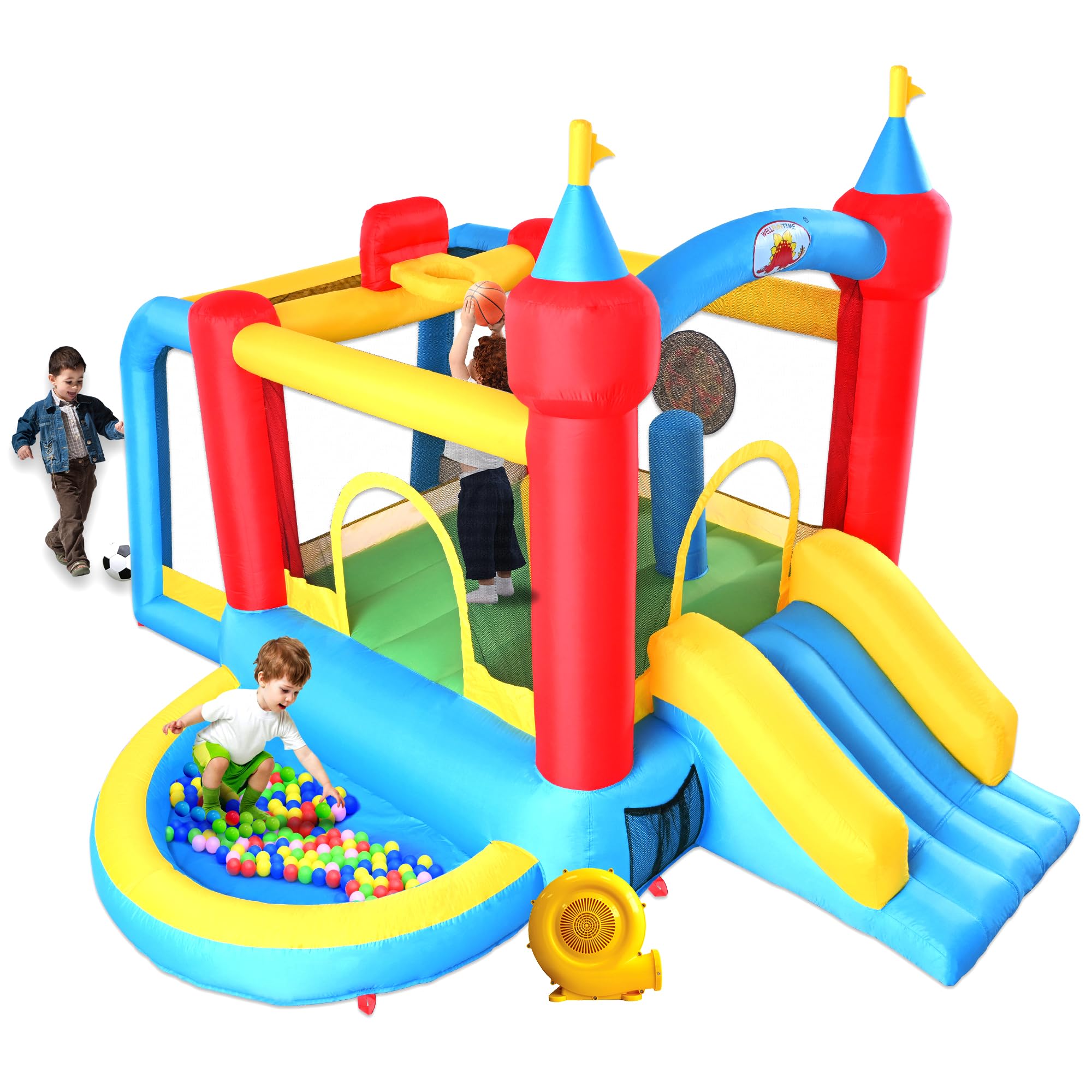 WELLFUNTIME Inflatable Bounce House with Blower, 9 in 1 Kids Bouncer | Ball Pit, Basketball Hoop, Soccer Goal, Dart Target, Jumping Castle for Ages 3-10, Backyard Outdoor, 145x102x85 Inch