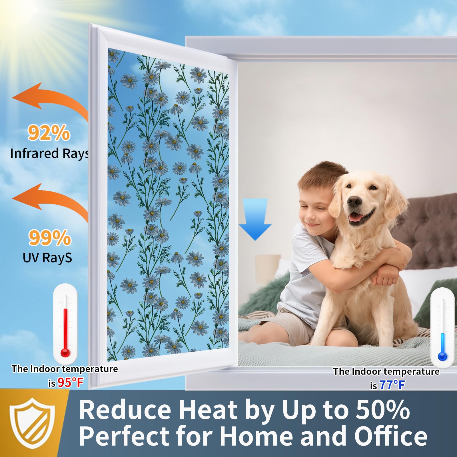 Countewol Upgraded Window Privacy Film One Way Daytime Privacy Static Cling Sun Blocking Anti UV Reflective Window Tint for Home and Office (Silver ?Daisy?, 17.5 X 78.7 in)