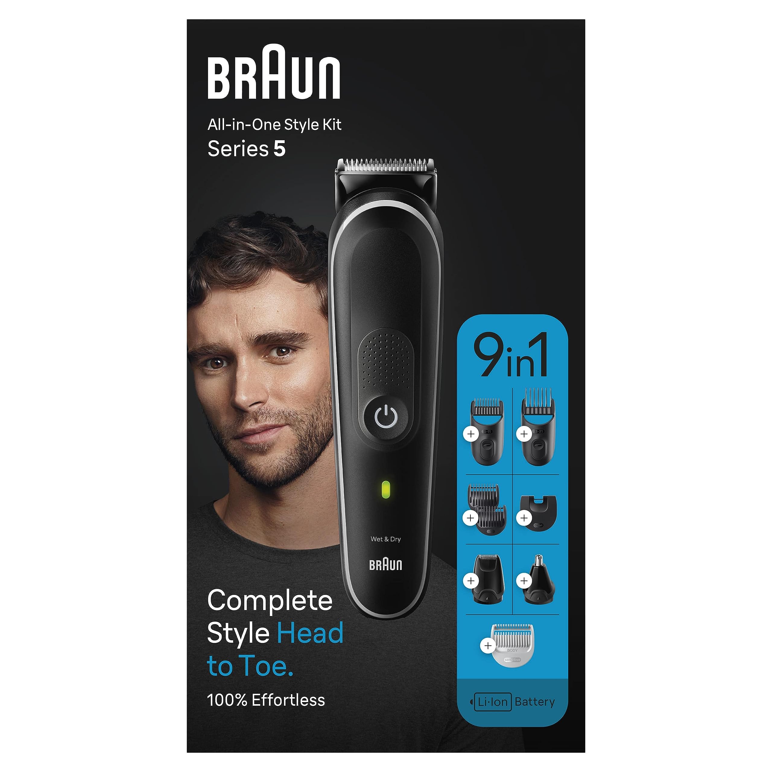 Braun Kit de estilo 9 en 1 5 MGK5420 para barba, cuerpo, oreja y nariz. Con tiempo de ejecución de 100 minutos, bolsa, gris