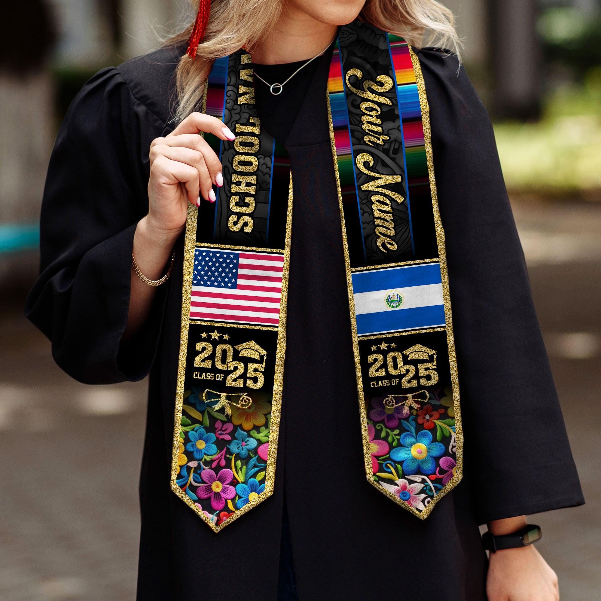 MonkeyVan Personalized Graduation Stole for El Salvador Senior, El Salvador Flag Graduation Sash Class of 2025 Grad Gift S119