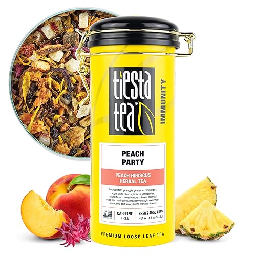 Tiesta Tea - Fiesta de melocotón  Té de hierbas de hibisco de melocotón  Mezcla de té de hojas sueltas de primera calidad  Té de frutas sin cafeína
