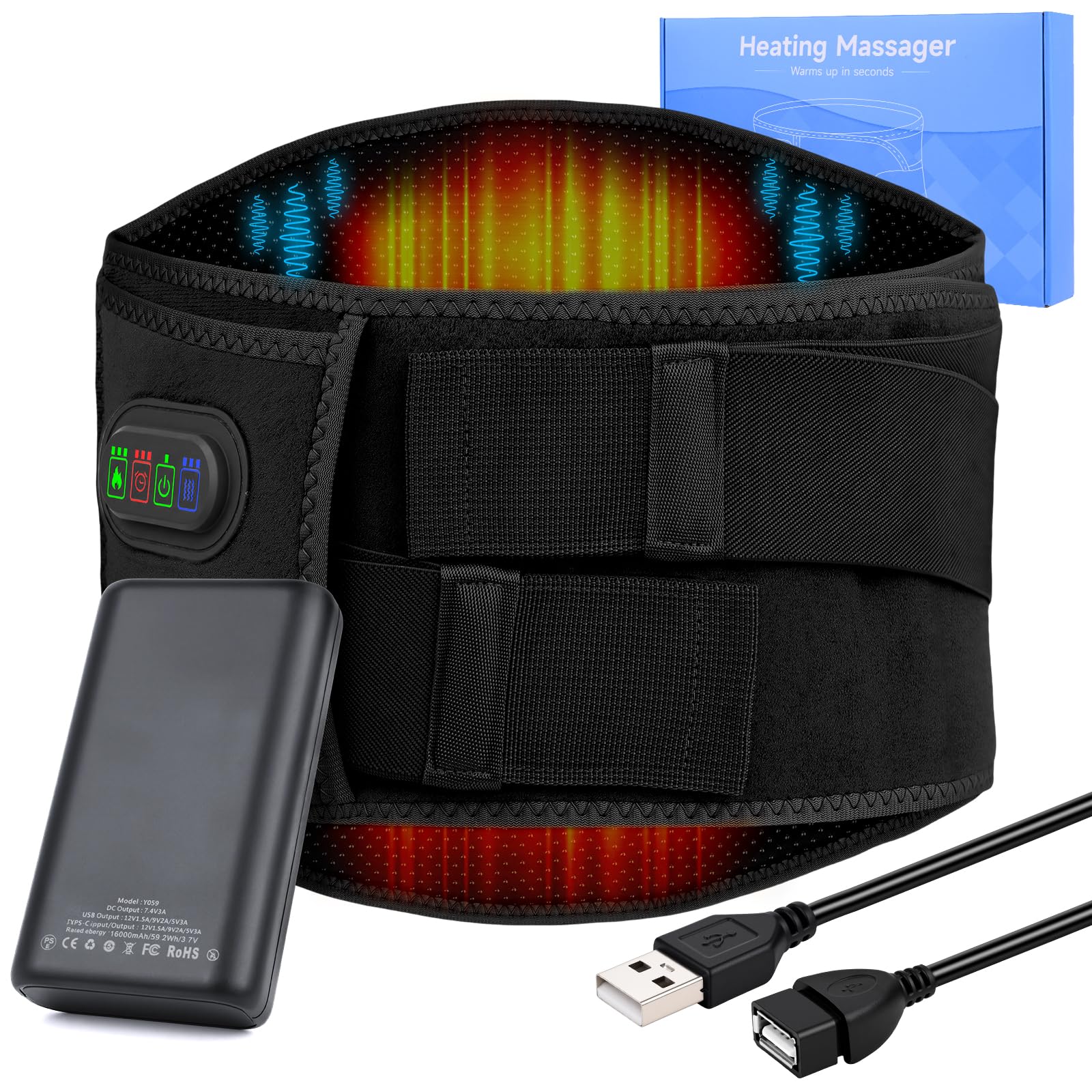 16000mAh Batteria Fascia Lombare Riscaldamento,Termoforo Lombare con 3 Livelli di Temperatura e Massaggio a Vibrazione,cintura riscaldante per la schiena con USB regalo per mamme, donne (Nero)