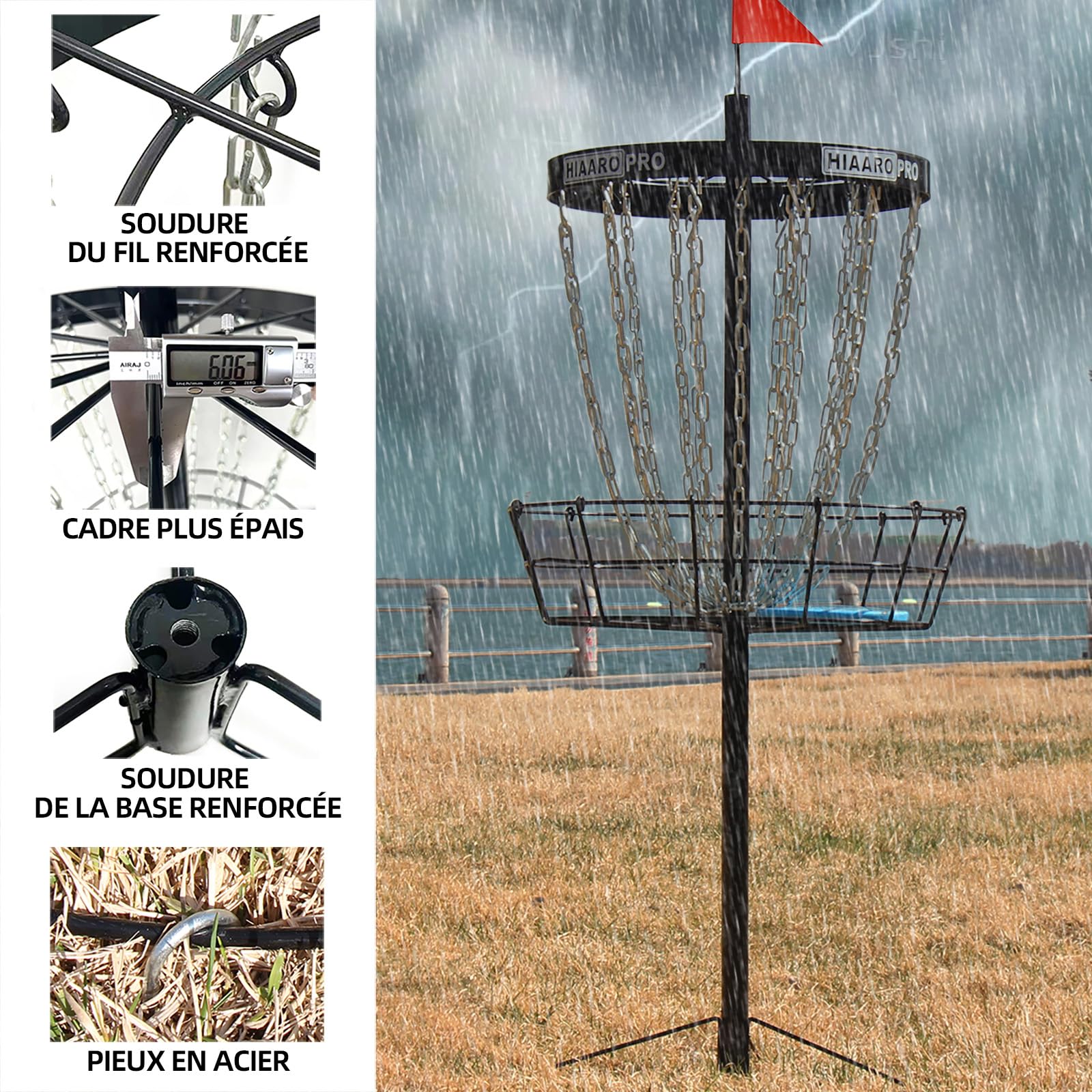 Panier de Disc Golf HIAARO Pro approuvé par la PDGA, Cible de Disc Golf Portable avec 24 chaînes Robustes, Ensemble de Panier Professionnel avec Sac de Transport et 3 disques