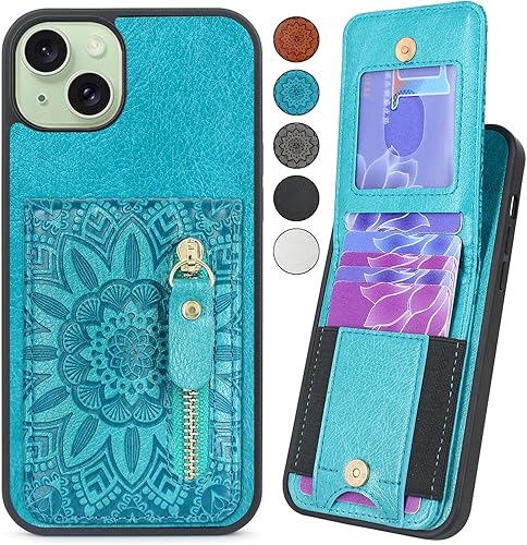 Funda compatible con iPhone 15 Plus con ranuras elásticas para tarjetas, bolsillo con cremallera, soporte magnético a presión para iPhone 15 Plus 14