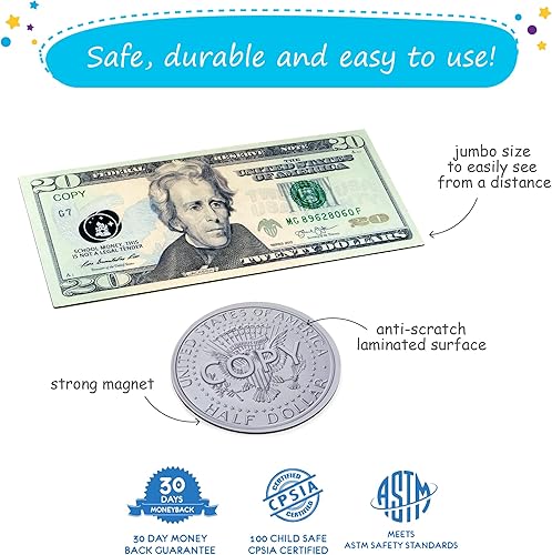 Miniatura 3 de 48 piezas de dinero magnético grande de doble cara – dinero de juego para niños para aprender, dinero de simulación para el aula, dinero de juguete,