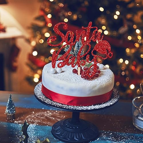 Vista 11 de Rsstarxi 1 paquete de decoración de pastel de Navidad con purpurina verde y rojo hojas de acebo y bayas, sombrero de Papá Noel, barba, decoración