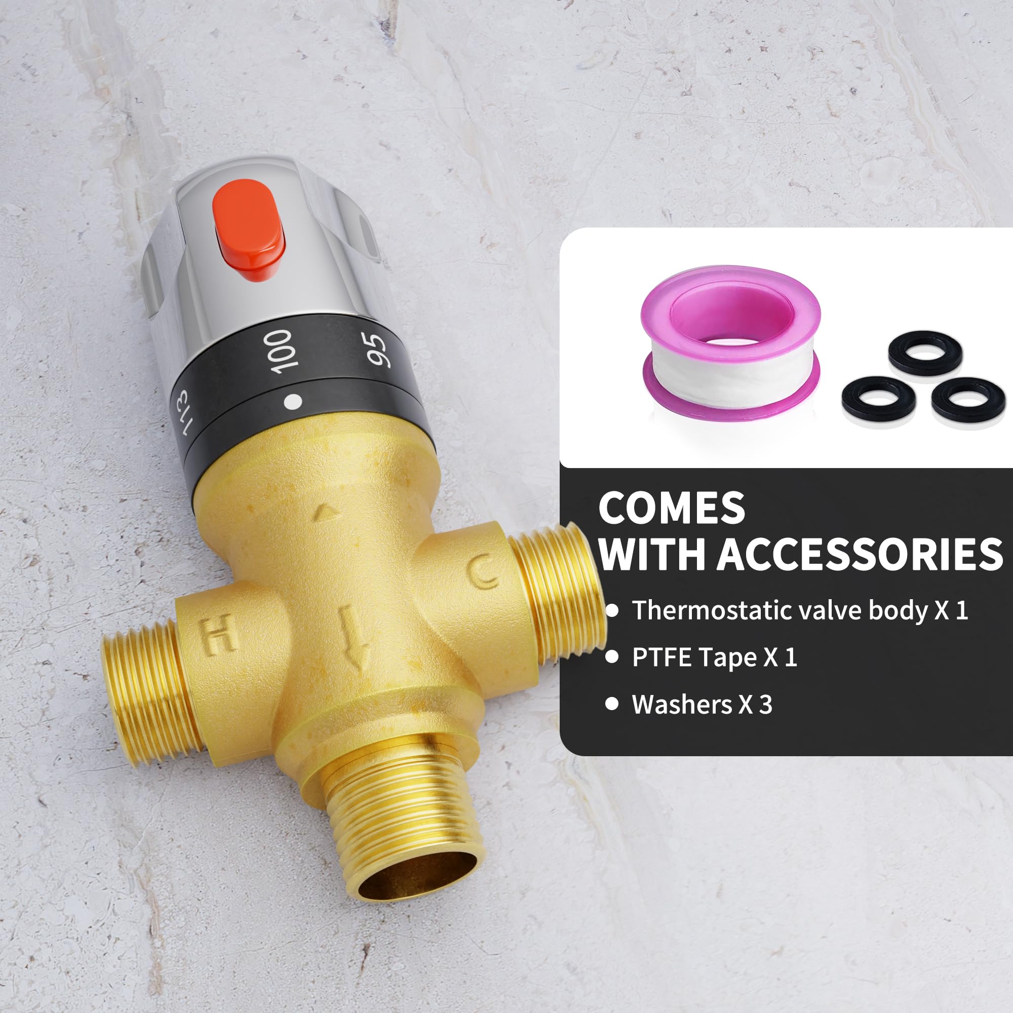 Morado Valvola termostatica Mxiing con adattatore di collegamento maschio 1/2 NPT, valvola di controllo della temperatura dell'acqua, scala Fahrenheit, ottone massiccio