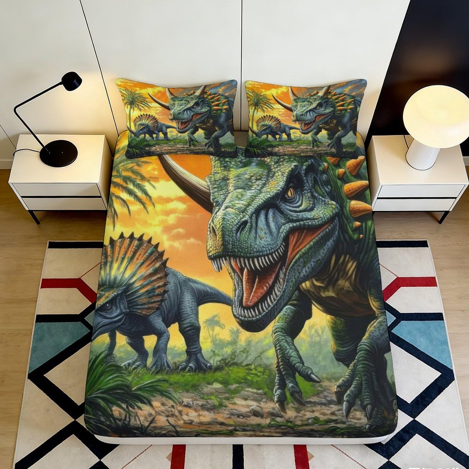 3D Printed Dinosaur Fitted Sheet Microfiber Soft Breathable Jurassic Bed Cover for Bedroom Dormitory Guest Room Mattress Protection Decor 90x200x25cm
