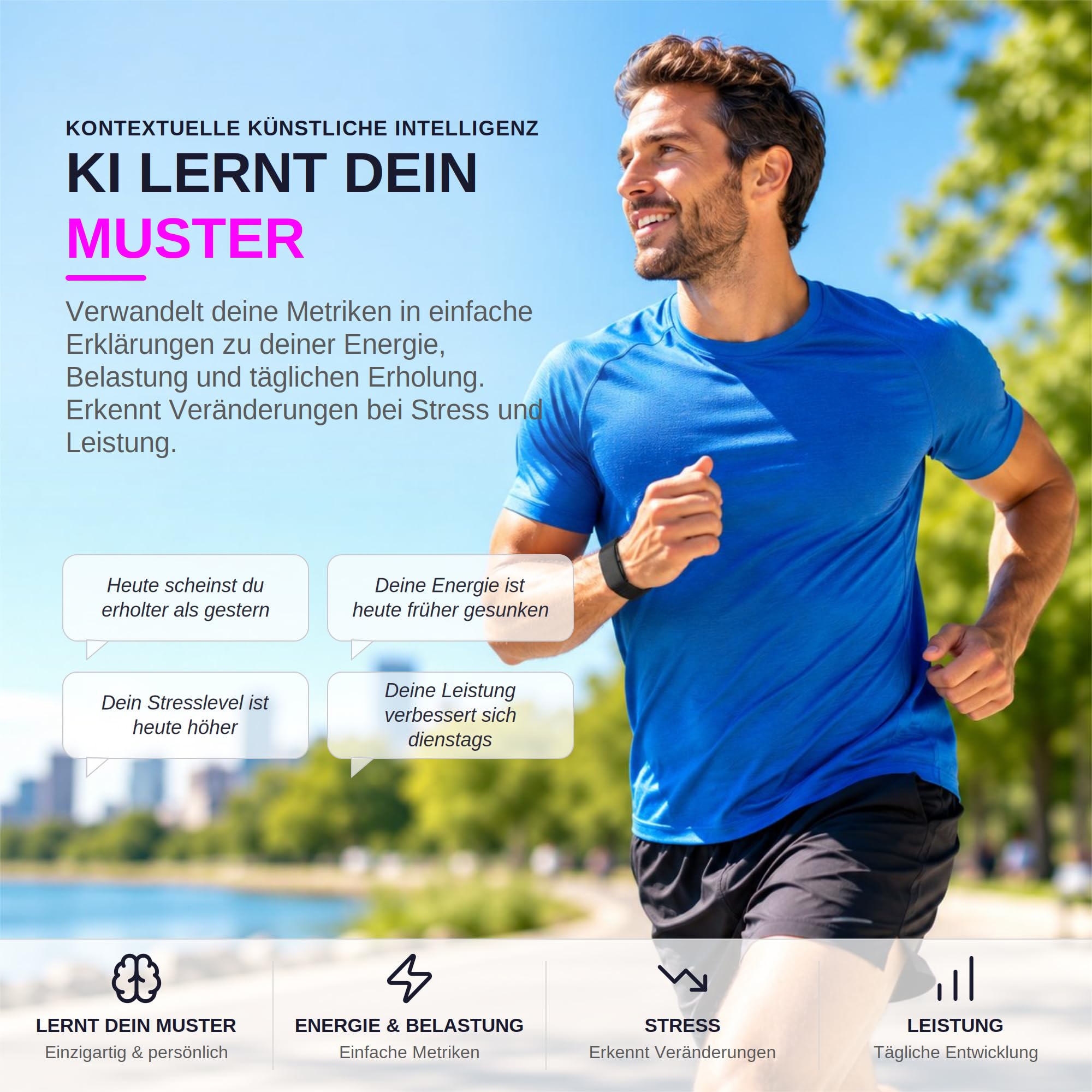 Sense Smartband ohne Display Damen Herren, Entwickelt in Spanien, KI-Coach, Schlaf Energie Erholung, Herzfrequenz 24/7 HRV SPO₂, IP68, Akku +45 Tage, Ohne ABO, Schwarz