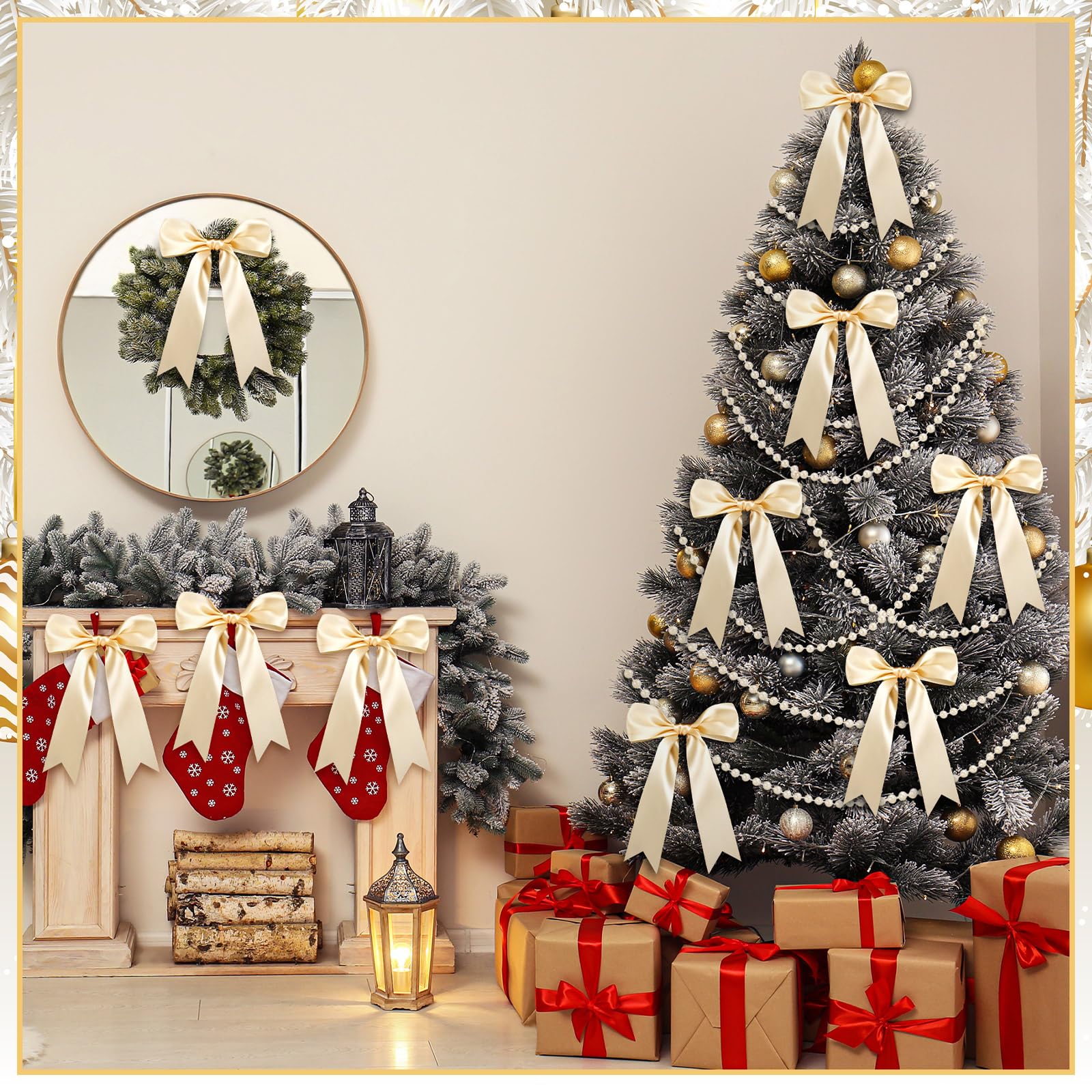 Chuangdi Lot de 2 rubans en satin champagne pour sapin de Noël, 29,9 m, perles blanches, 34,1 m et 5,9 cm pour loisirs créatifs, sapin de Noël, nœud, couronne, emballage cadeau, décoration de fête
