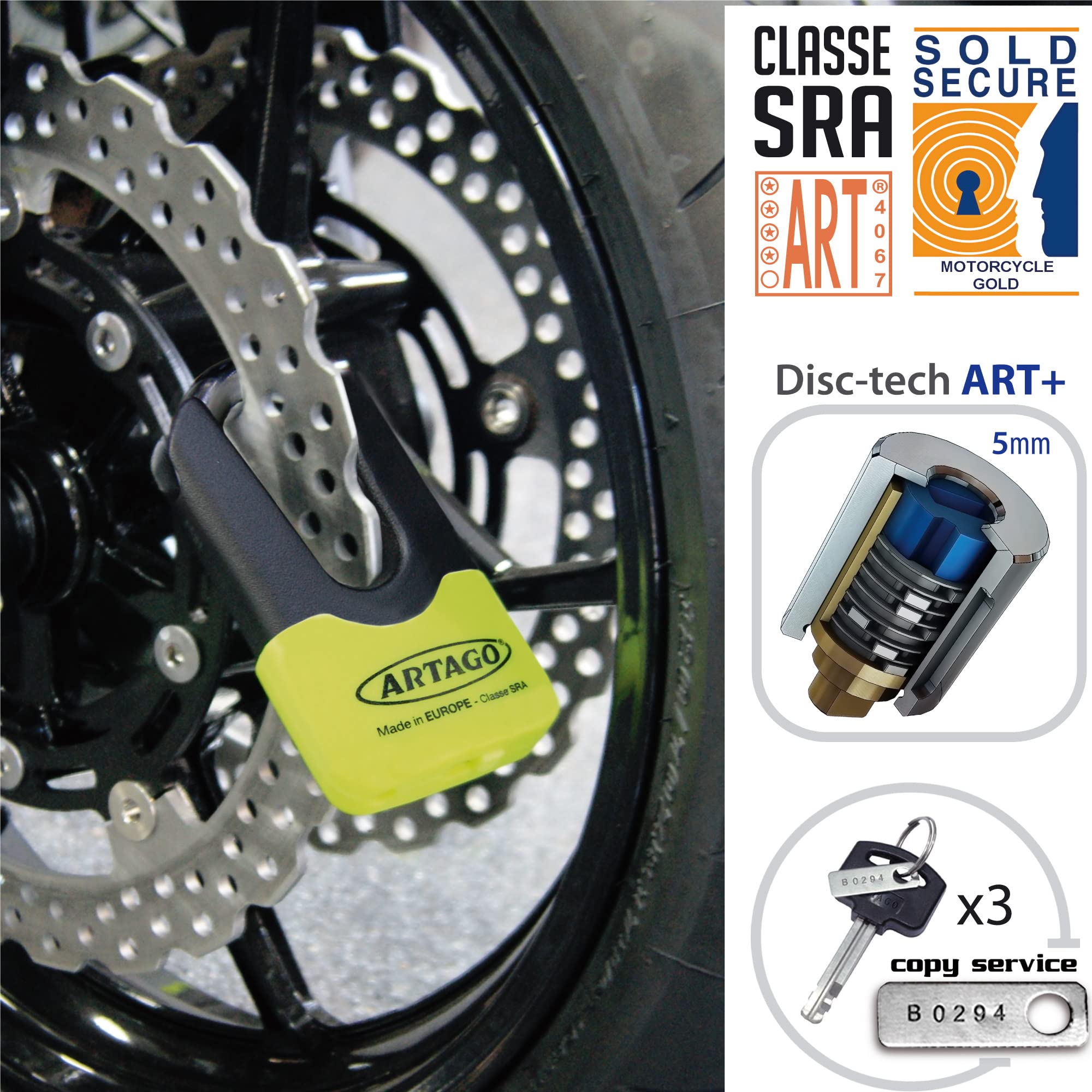 Artago 69X2 Pack Lucchetto Antifurto Bloccadisco ad Alta Sicurezza + Supporto per Yamaha MT-07 e Tracer 700, Omologato SRA, Sold Secure Gold, ART4