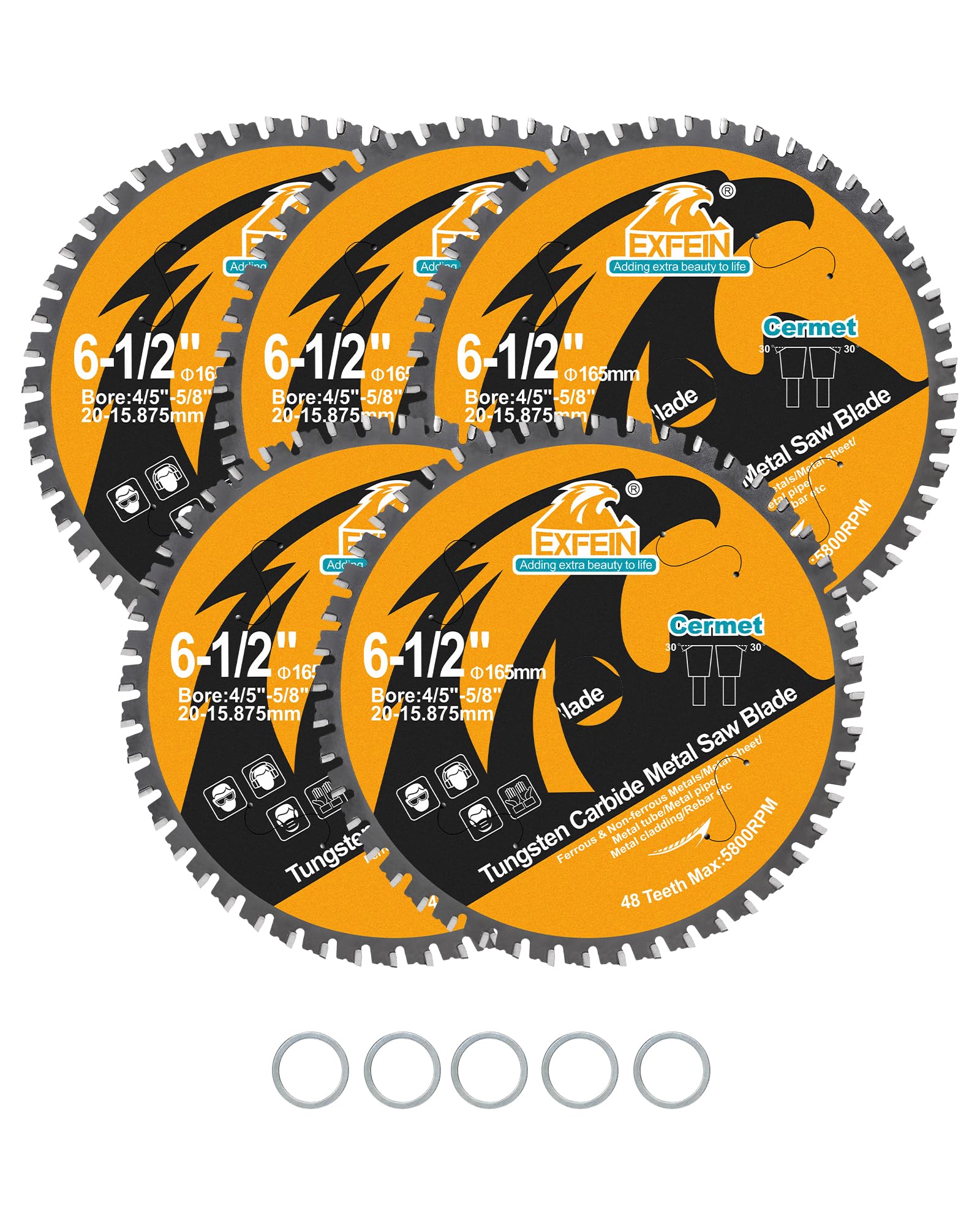 EXFEIN Metal Cutting Blade 165mm 48T for Rebar, Angle Iron, Pipes, Channels, Ceramic Cemented Carbide with 5/8" Arbor, 5-Pack