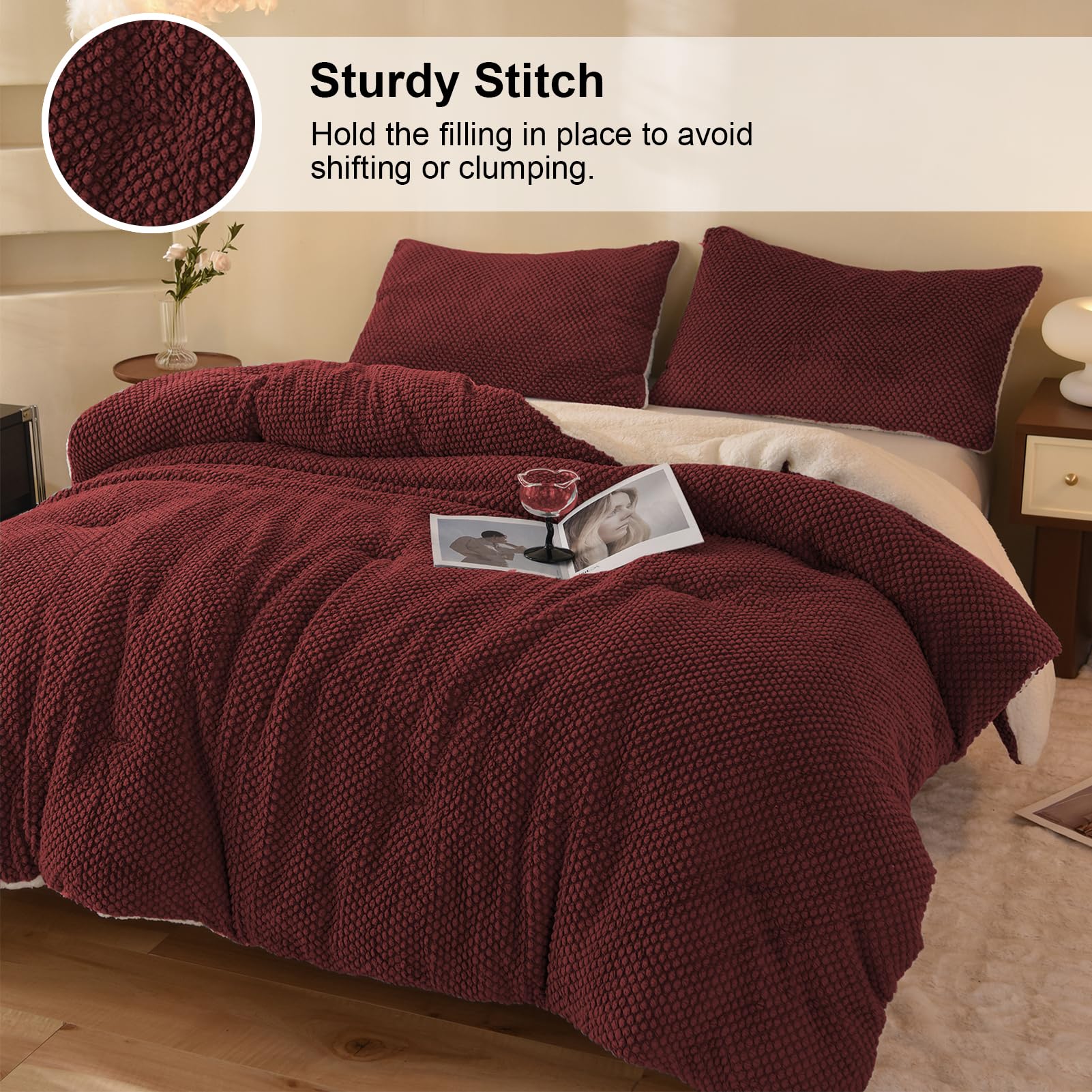 LLanCL 3D-Jacquard-Design, ultraweich, warm, Sherpa-Fell, Plüsch, 2-teilig, luxuriös, gemütlich, mit 1 Kissenbezug (172,7 x 228,6 cm, Burgunderrot)