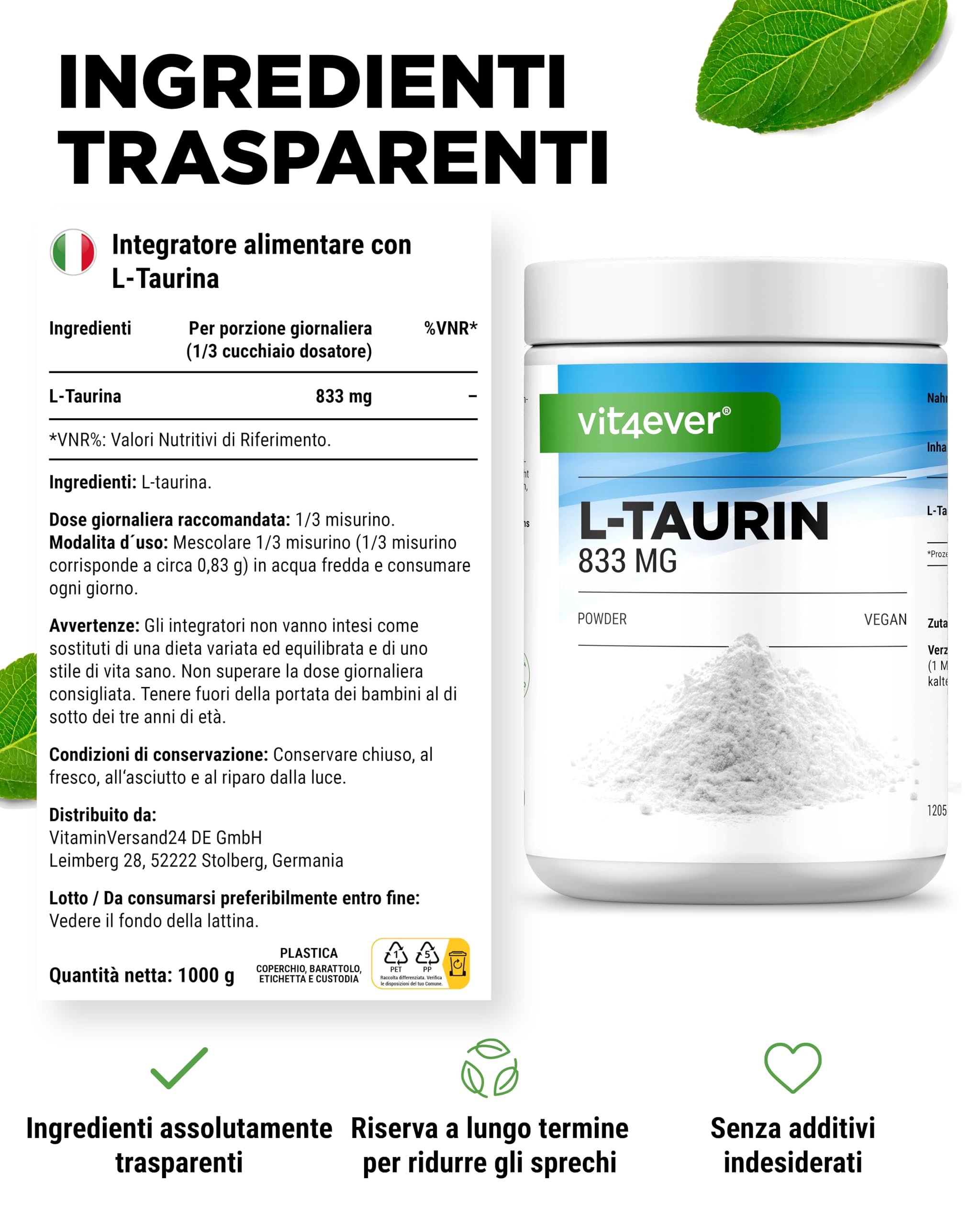 Taurina in polvere - 1000g (1kg) - Solubilità ottimale - Vegan - 99% di purezza - Qualità Premium testata in laboratorio - L-Taurina Aminoacido