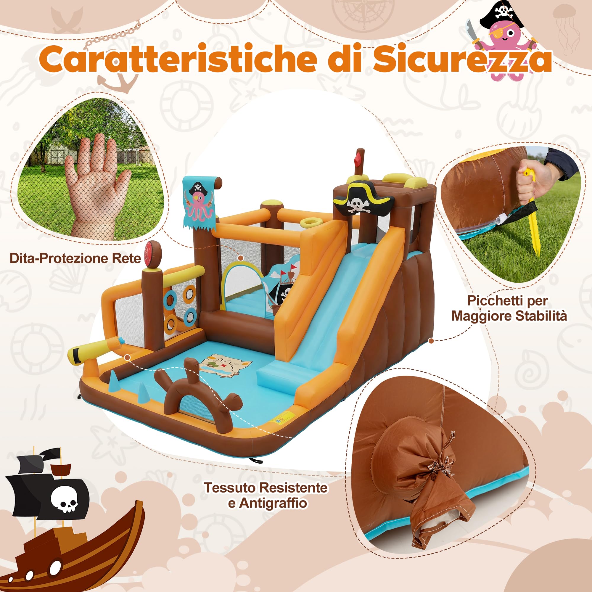 UEV Parco Gonfiabile 394x326x243cm con Unica Tema Navi Pirata | Castelli Gonfiabili con 8-in-1 Giochi per 4 Bambini in 3-8 Anni, Parco Giochi con Soffiatore 450W per Interno ed Esterno