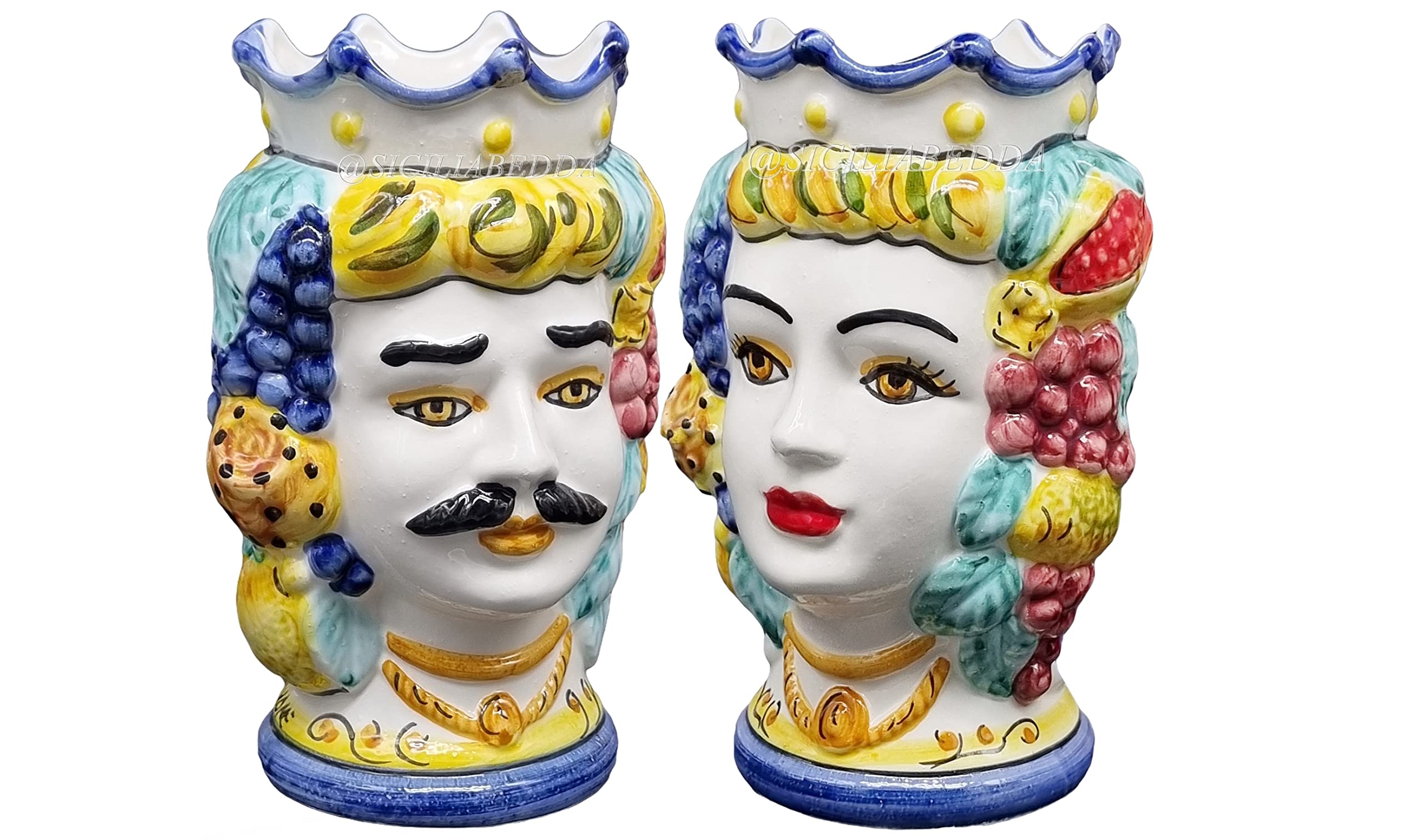 sicilia bedda - Ein Paar SICILIANE Köpfe aus Keramik aus Caltagirone - Handgefertigt - Höhe 18 cm - elegante Ergänzung zu Ihrer Einrichtung