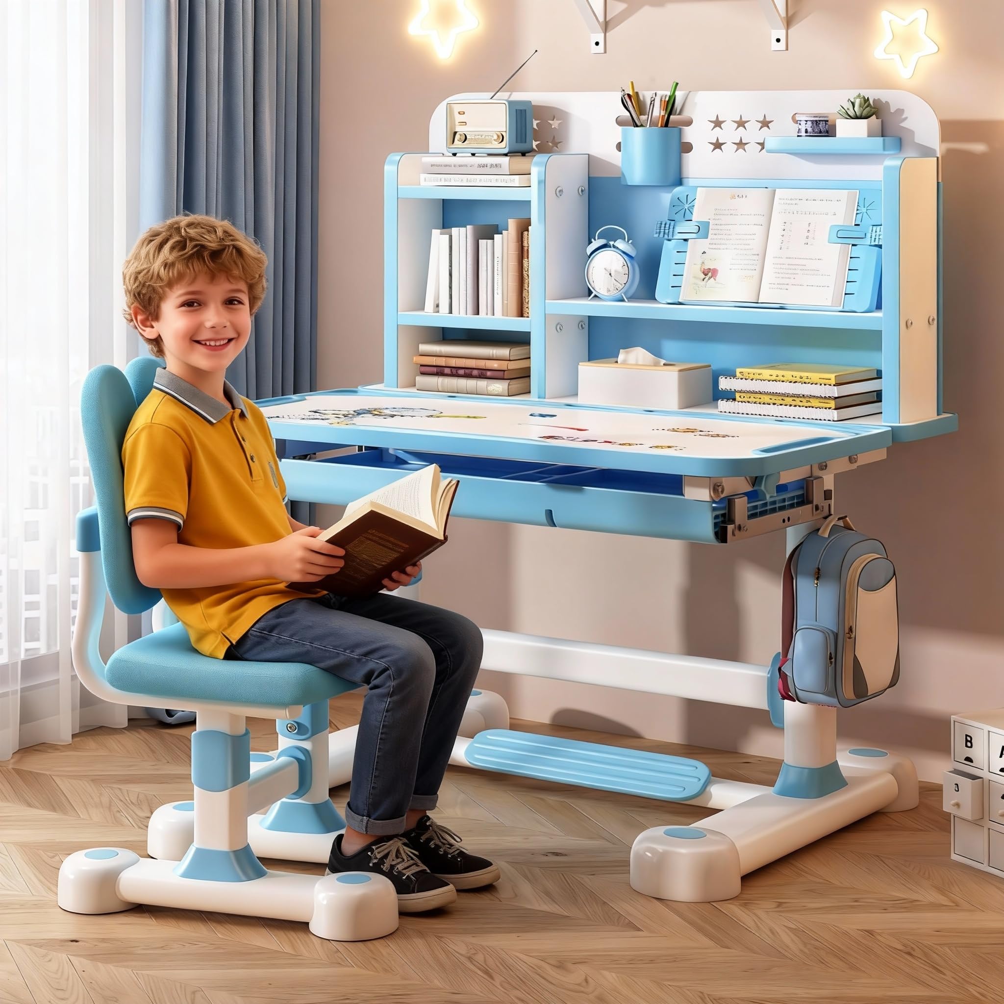 Adjustable Kids Study Desk and Chair with Dividers and Drawers - Ergonomic Chair for Home School Study