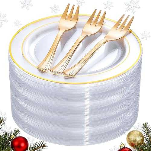 Miniatura 28 de DaYammi 240 platos de plástico dorado que incluyen 120 platos de postre y 120 tenedores para pasteles, plato de fiesta martillado, platos dorados