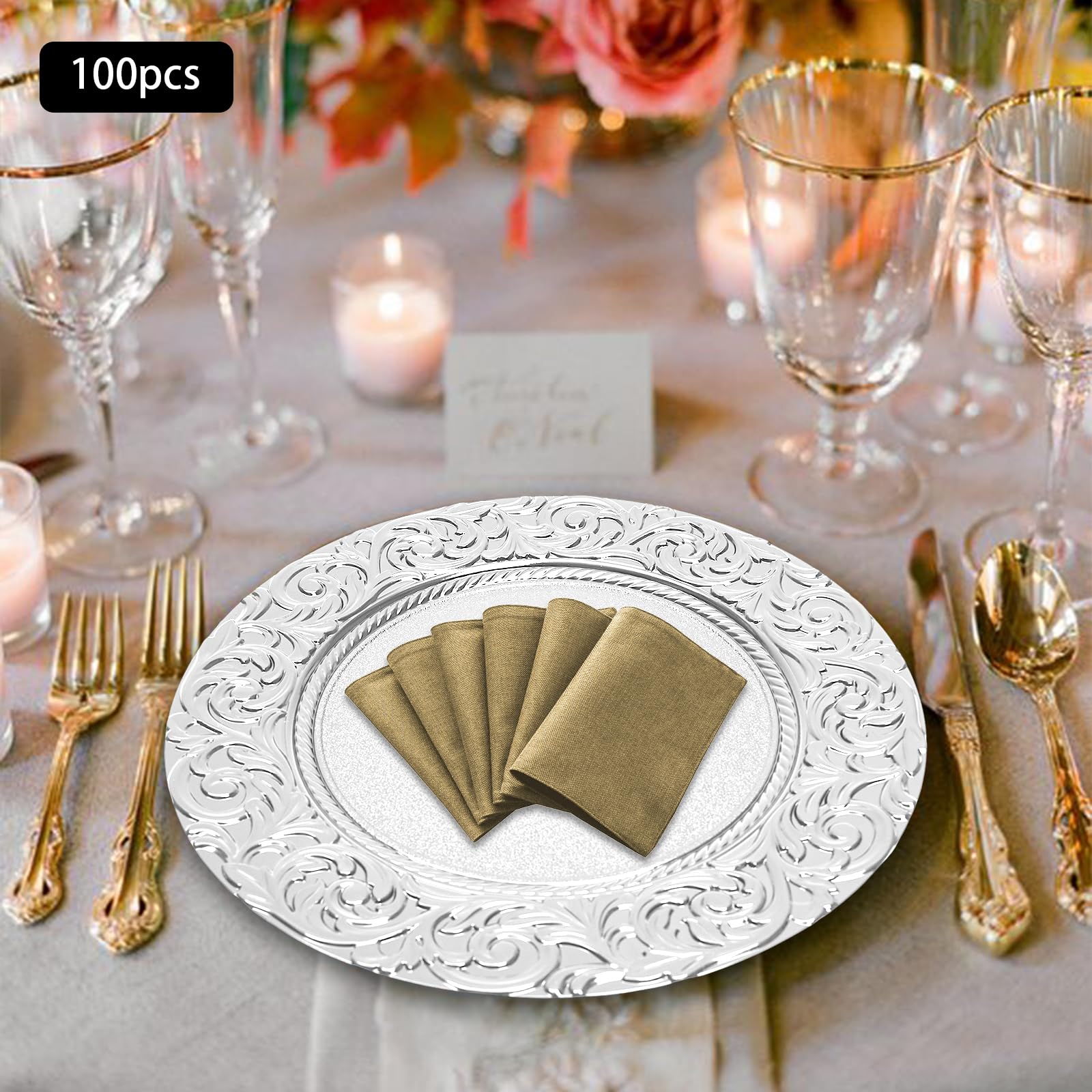 Wmpusll 100 Pcs Plastic Charger Plates Set, 13 Inch Reusable Serving Plates w/Embossed Rim, Wedding Decorative Round Table Charger Dinner Trays for Banquets Holiday Party Catering Event (Silver)