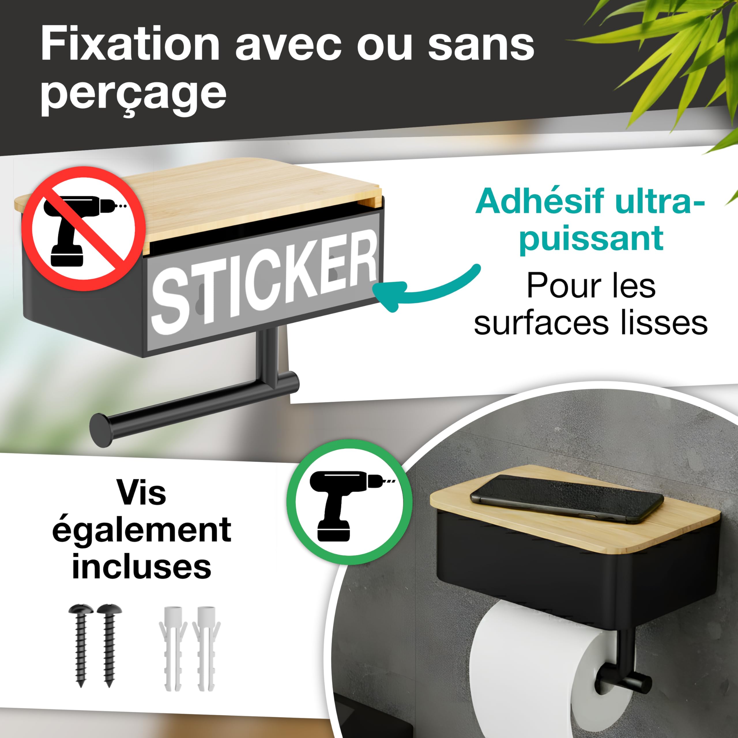 Porte Papier Toilette Mural 2-en-1 - avec ou sans Perçage - avec Rangement & Support Téléphone - en Métal – Distributeur Rouleau PQ Décoration - Noir & Bambou - PPT121