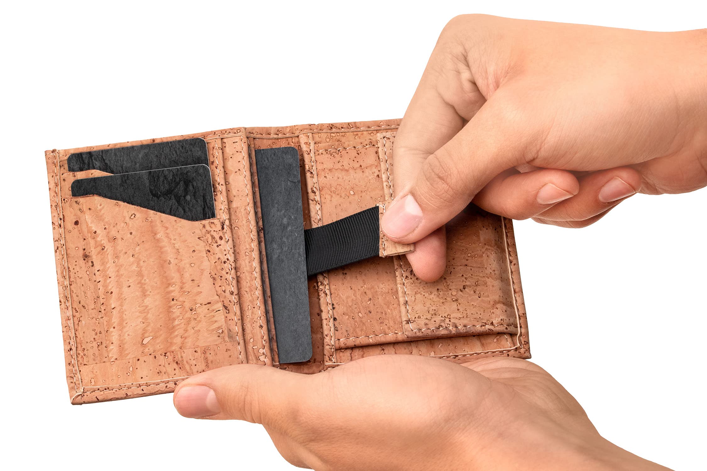 Simaru Portfel slim z korka wegański „Levi” z elastyczną tasiemką do szybkiego dostępu do kart i ochroną RFID | Przegroda na banknoty i monety | Kompaktowy portfel unisex na co dzień (Beżowy)