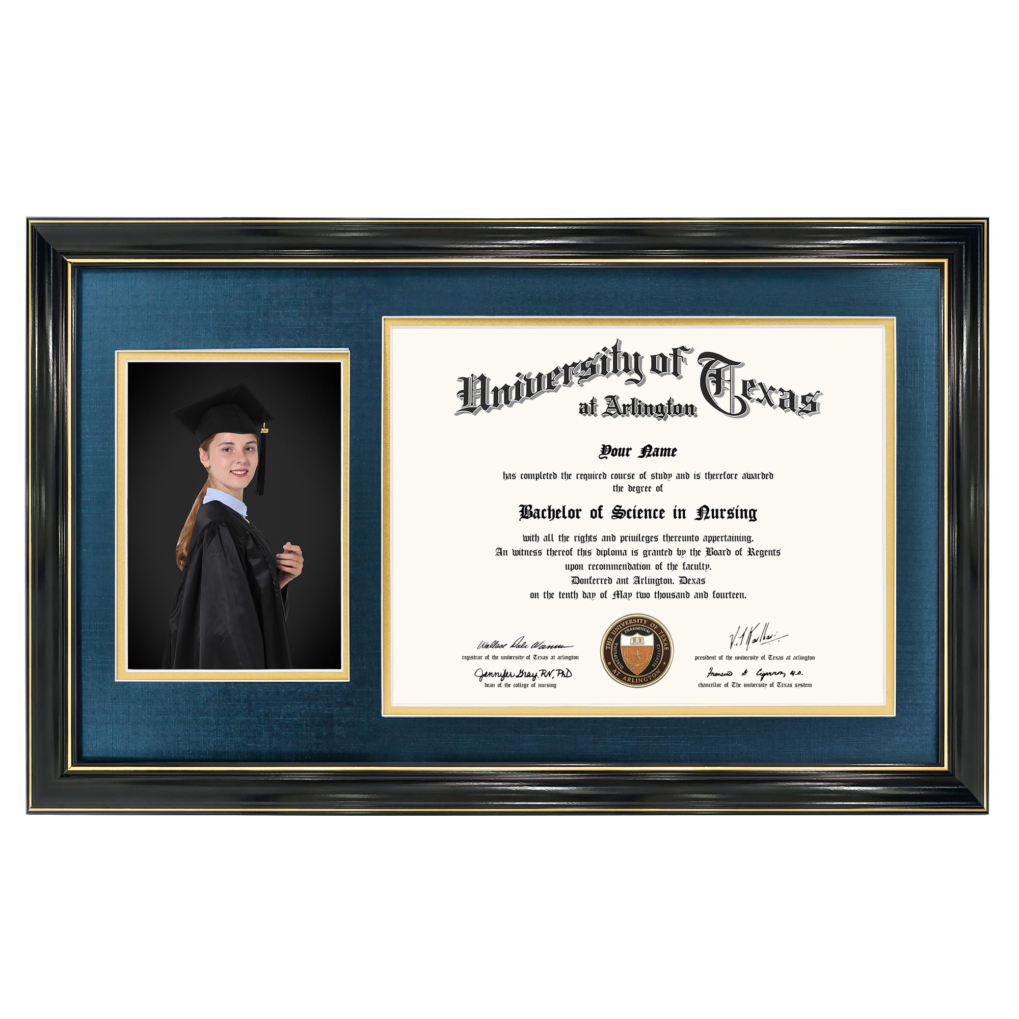 graduationmall 11x19 black diploma and photo frame for 8.5x11 certificate,5x7 picture,tempered glass,navy blue over gold double mat