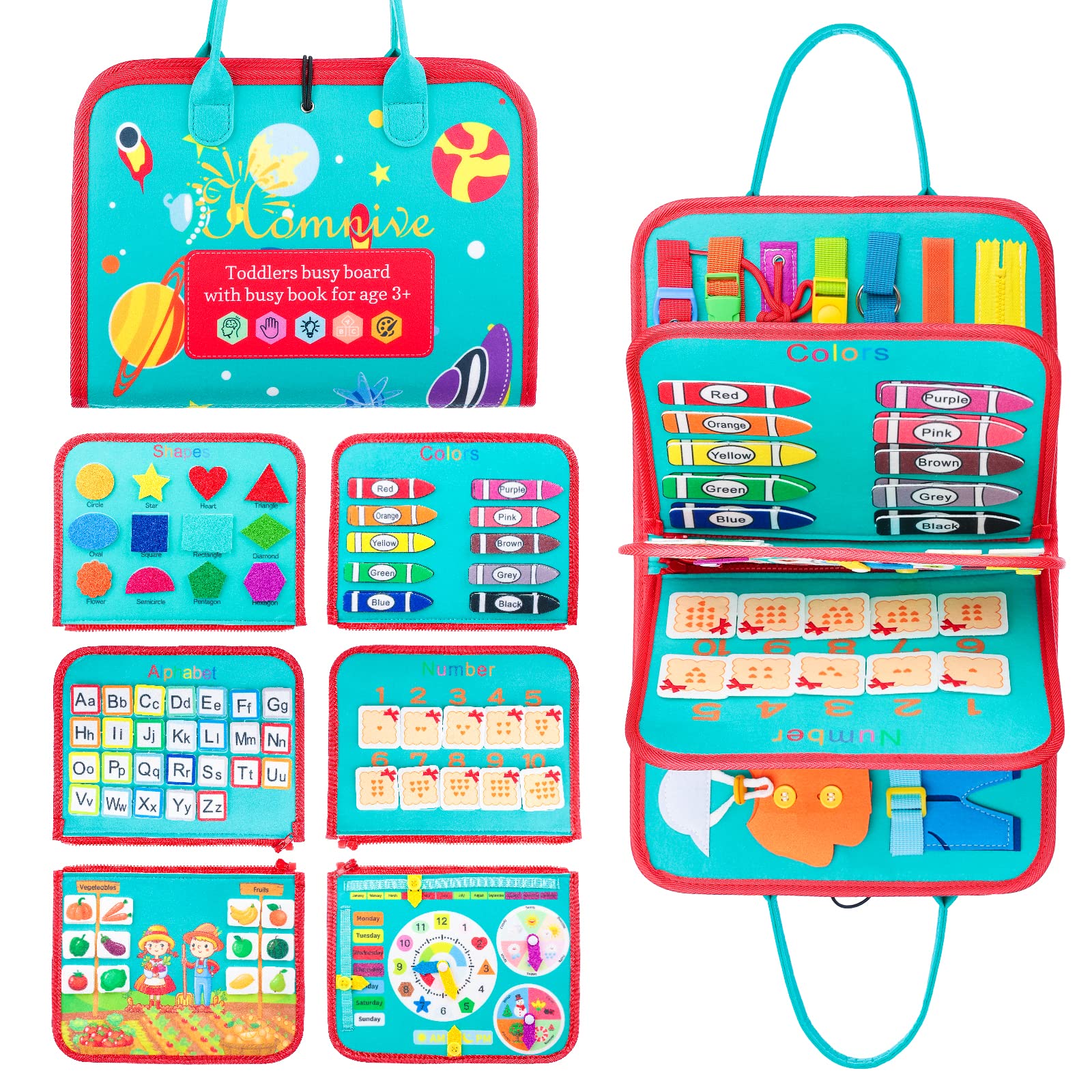 HOMNIVEHOMNIVE Busy Board for Toddlers 1-3, 8 in 1 Toddler Travel Montessori Toys Basic Skills Board, Sensory Activity Board for Fine Motor Skill, Preschool Educational Toys for Boys and Girls