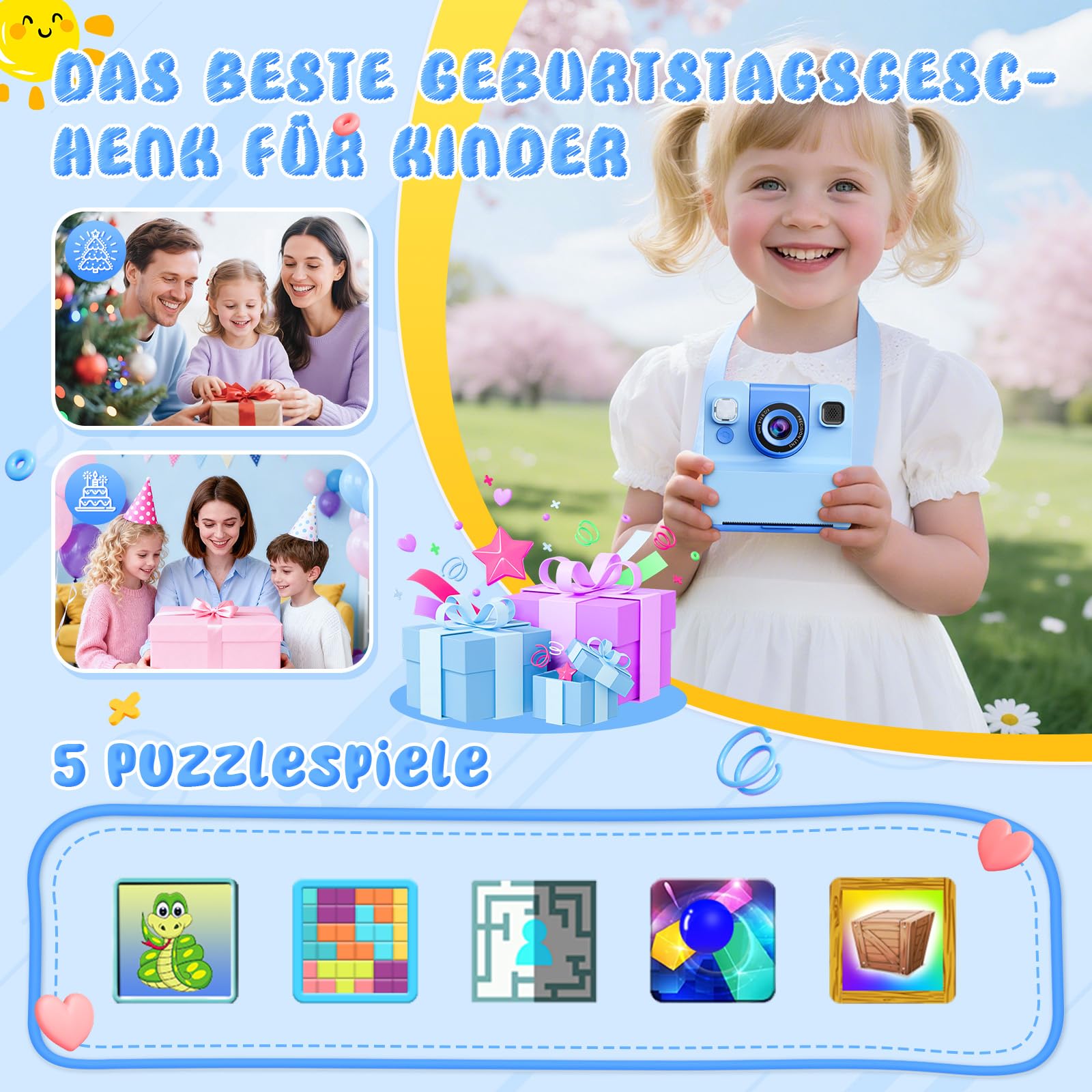 Macchina Fotografica Bambini，2.4" HD 1080P Macchina Fotografica Bambini Istantanea Regalo Bambino 3-10 Anni Maschio Fotocamera Istantanea 32GB Scheda & Papier Photo Regalo Natale (Blu)