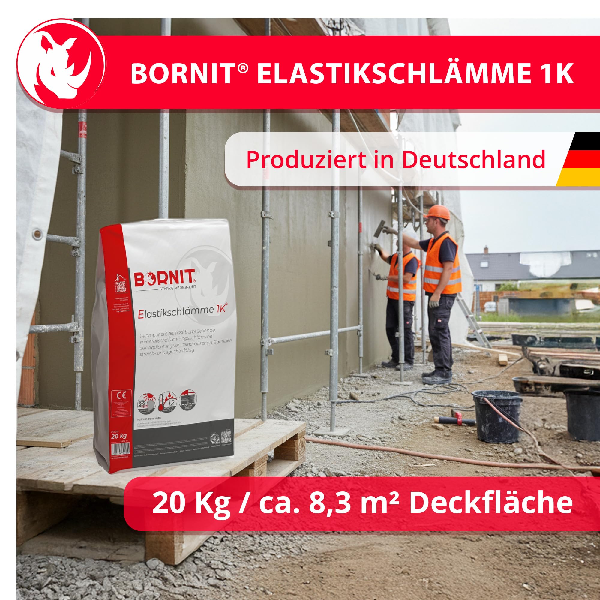 BORNIT Elastikschlämme 1K, 20 kg zementgebundene umweltschonende Abdichtung | wasserdicht und rissüberbrückend, für Sockelbereiche, Terrassen, Balkone, Wassertanks