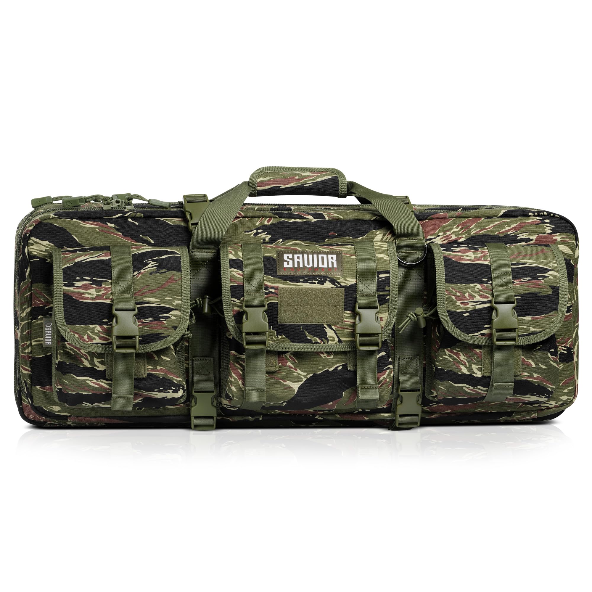 Savior Equipment American Classic 1000D Tactical Double Short Gun Case Pistol Bag, Spacious Front Pockets, Padded Shoulder Strap Included, 28 Inch Tiger Stripe Camo